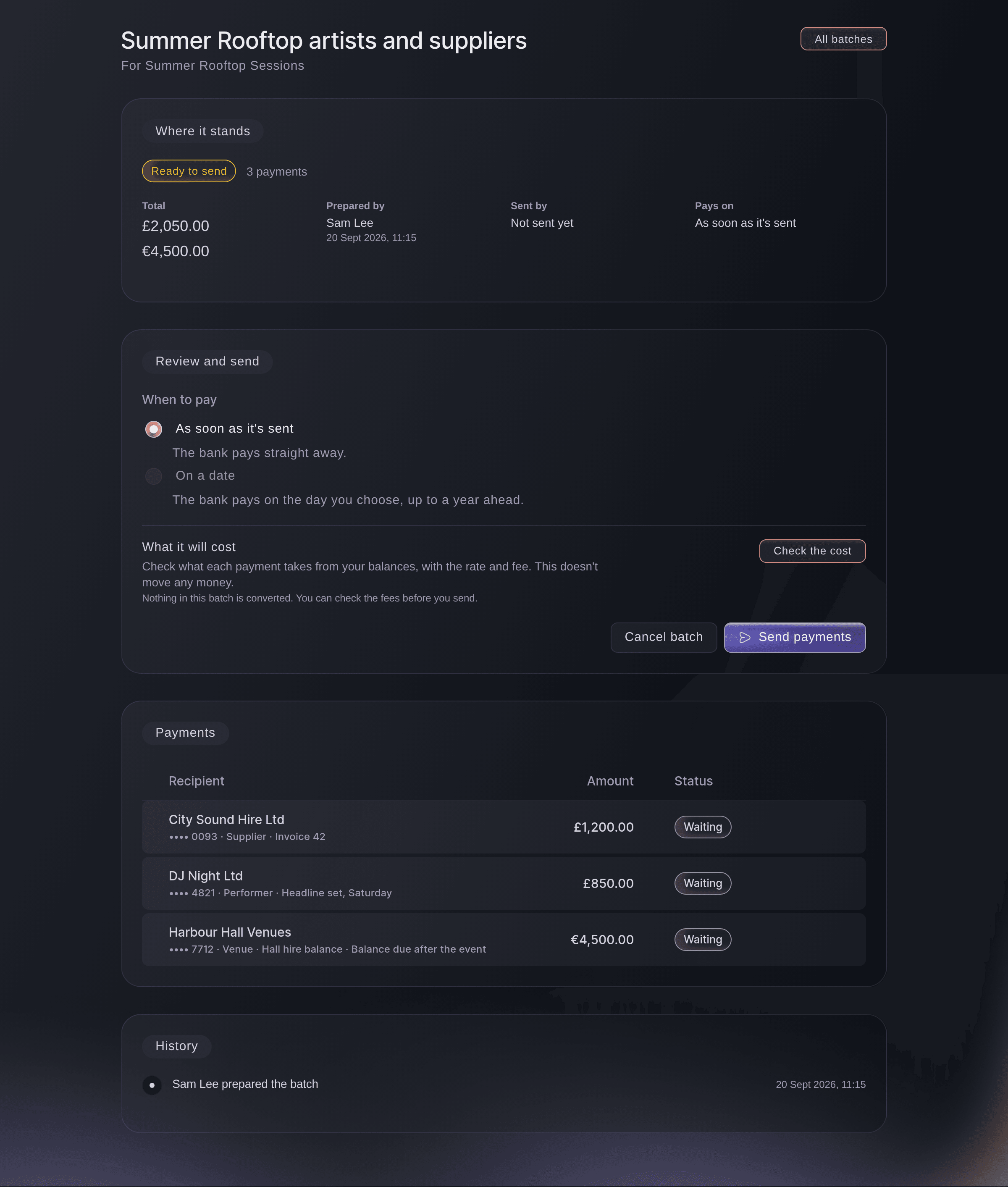 Ticket Fairy Vault payment batch ready to send, with its total, who prepared it, its three payments and its history