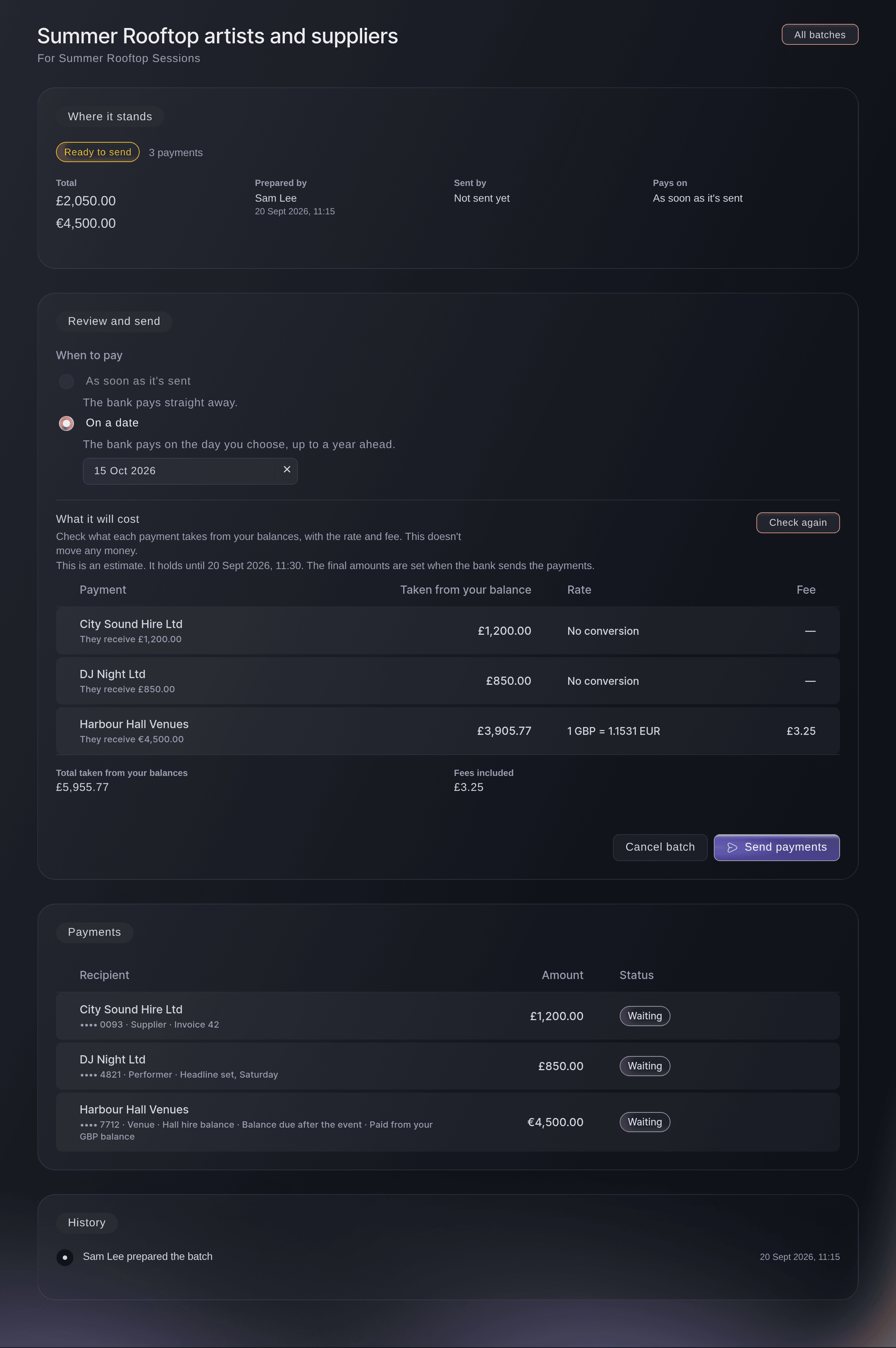 Ticket Fairy Vault Review and send for a batch paying on 15 October, with what each payment takes from the pounds balance, the rate and the fee