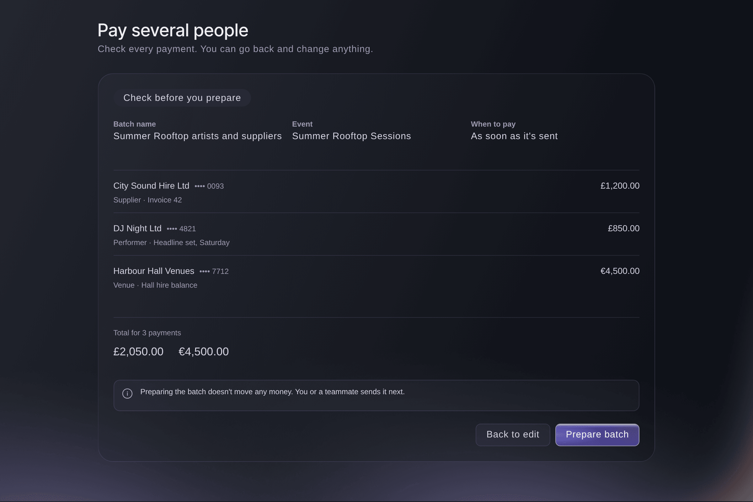 Ticket Fairy Vault Check before you prepare, listing each payment with its recipient, amount and reference and the total in each currency