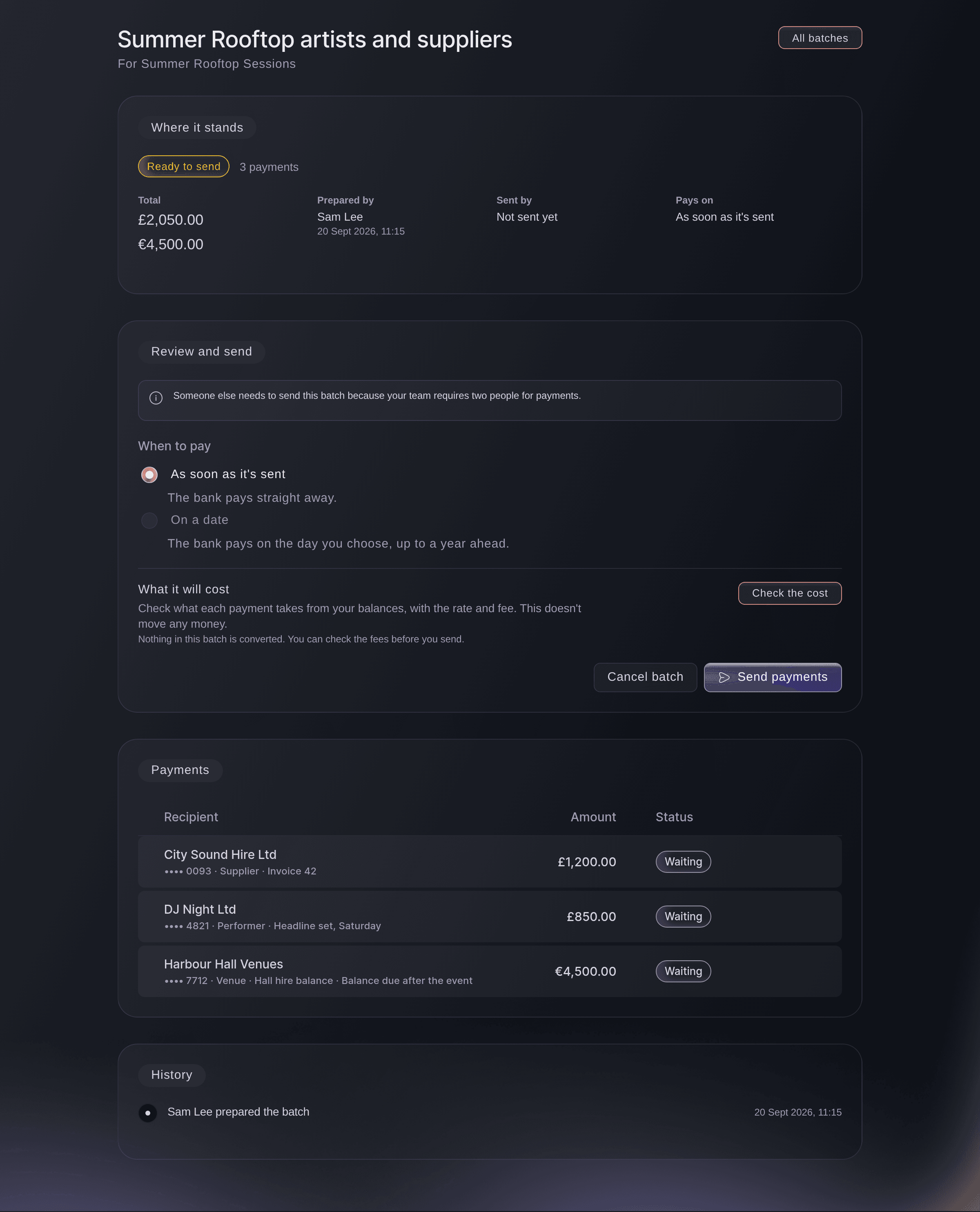 Ticket Fairy Vault payment batch seen by the person who prepared it, saying someone else needs to send it