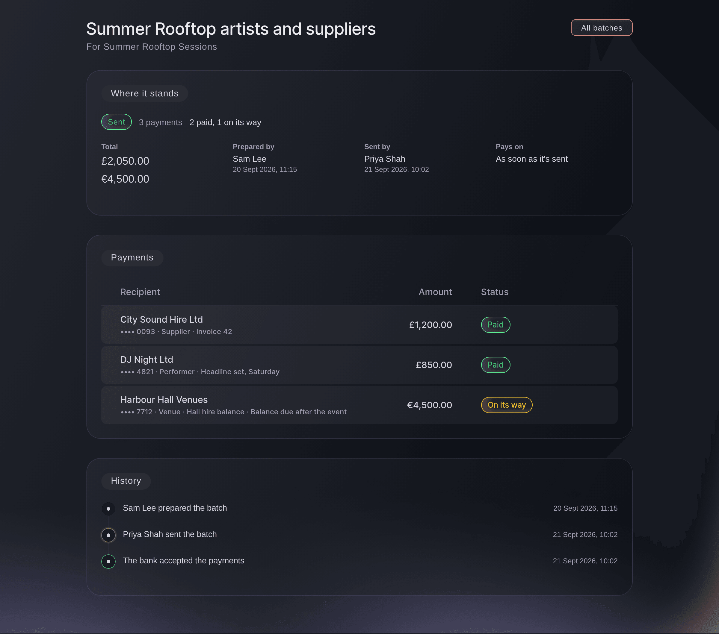 Ticket Fairy Vault sent payment batch with two payments paid and one on its way, and the history of who prepared and sent it