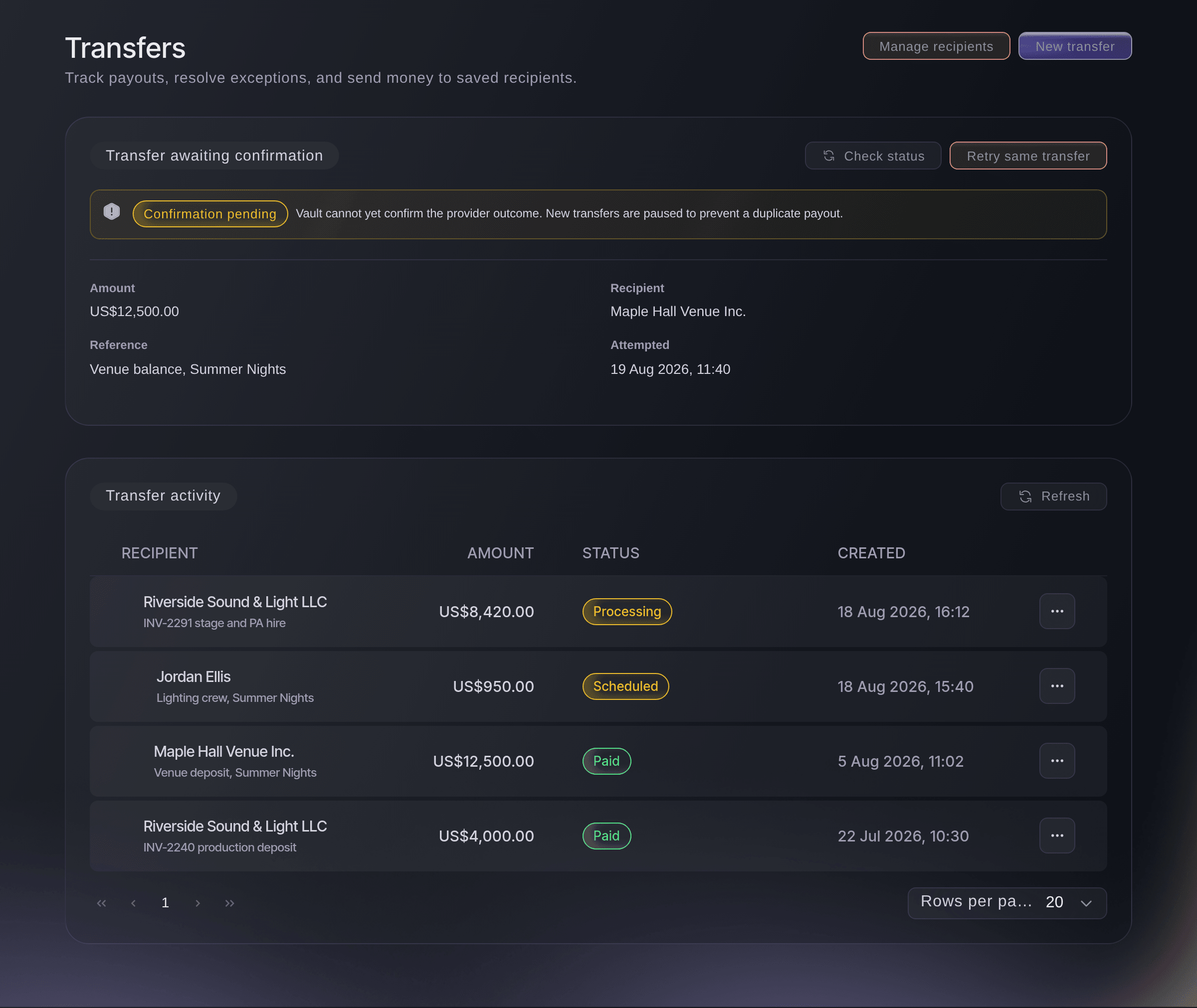 Ticket Fairy Vault Transfers page with a venue payment awaiting confirmation, and the Check status and Retry same transfer buttons above the transfer activity
