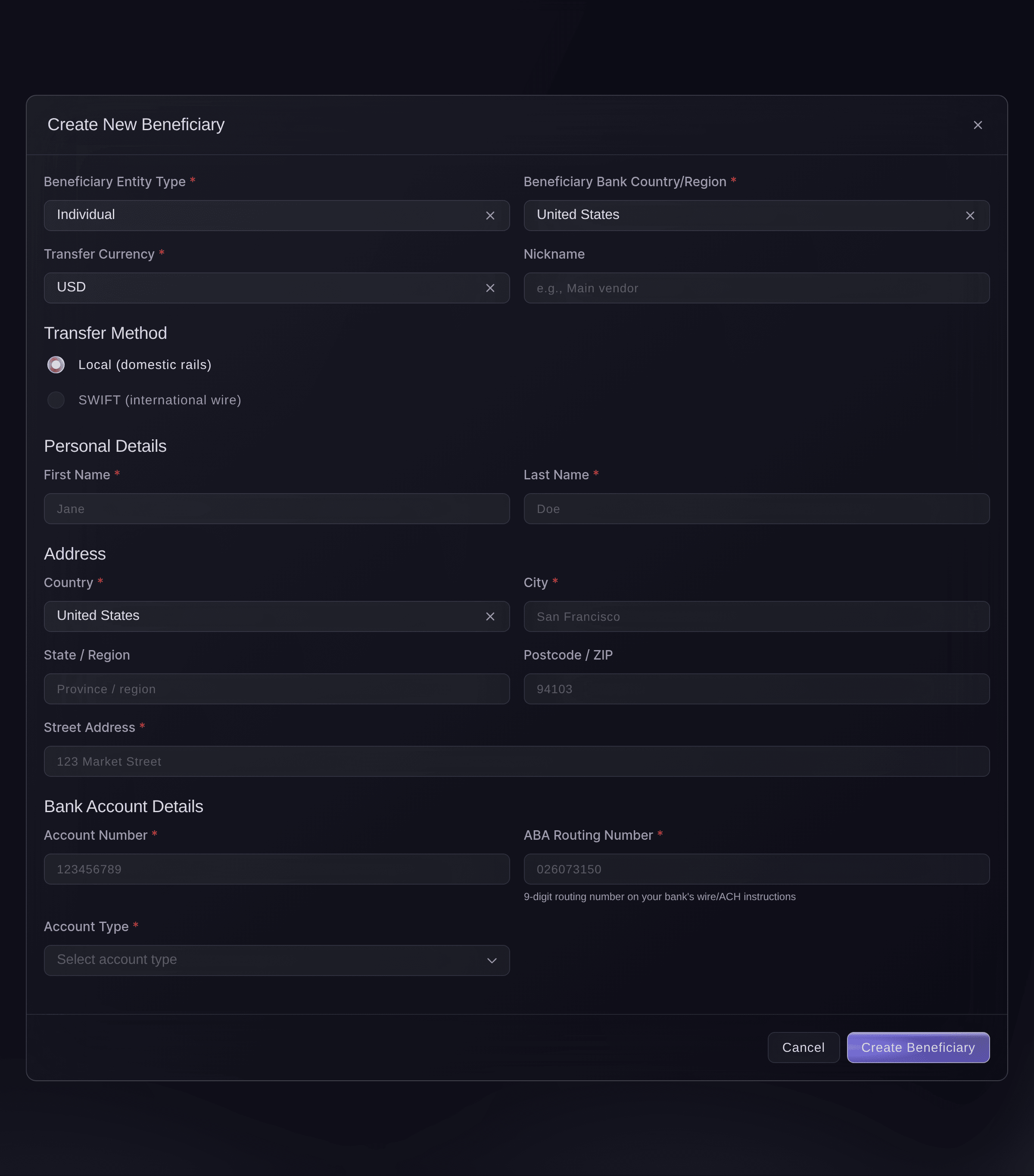 Ticket Fairy Create New Recipient dialog with the entity type, bank country, currency, transfer method, name, address and US bank account fields