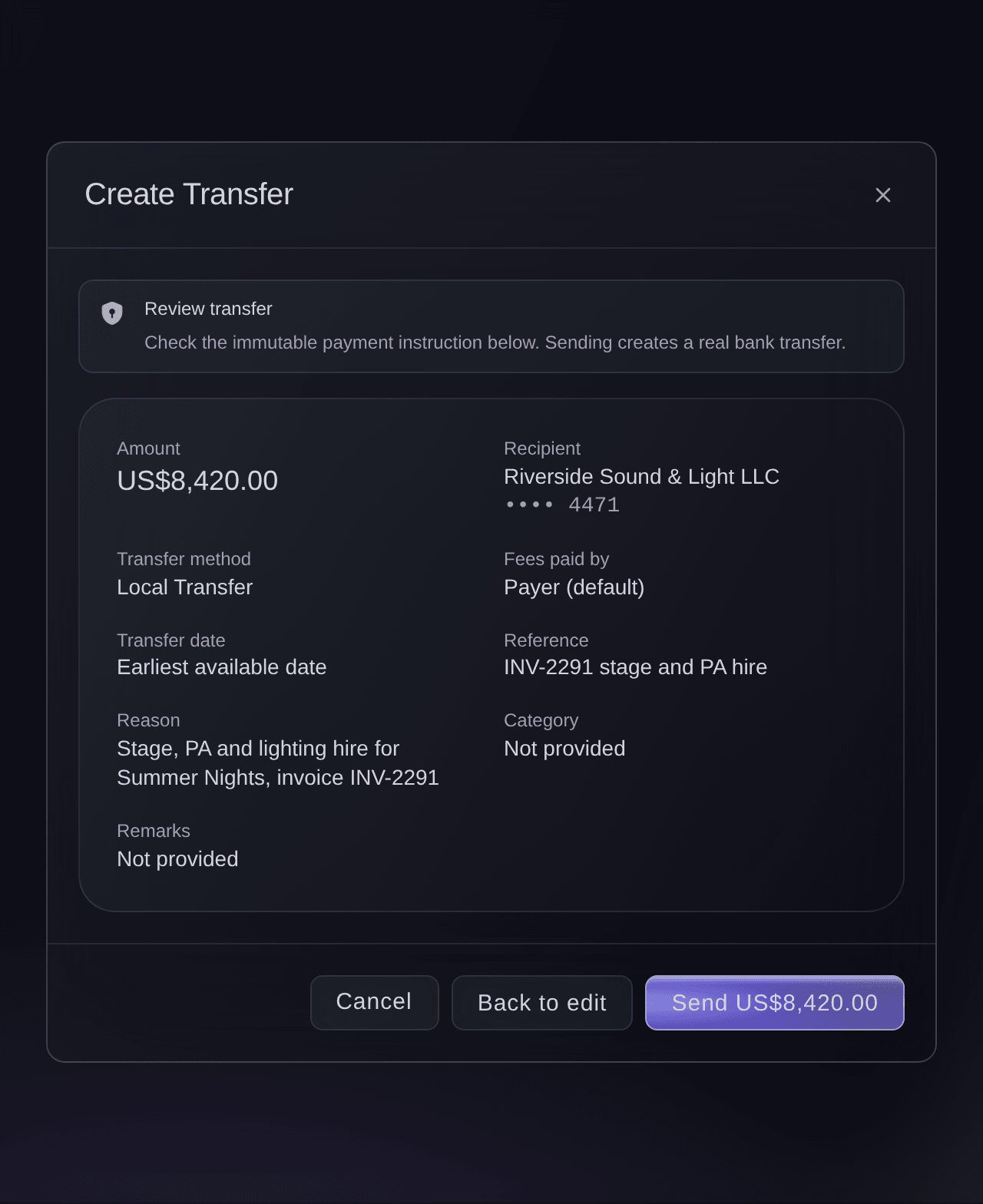 Ticket Fairy Create Transfer review showing the amount, the recipient with the last four digits of their account, the method, fee, date, reference and reason before sending