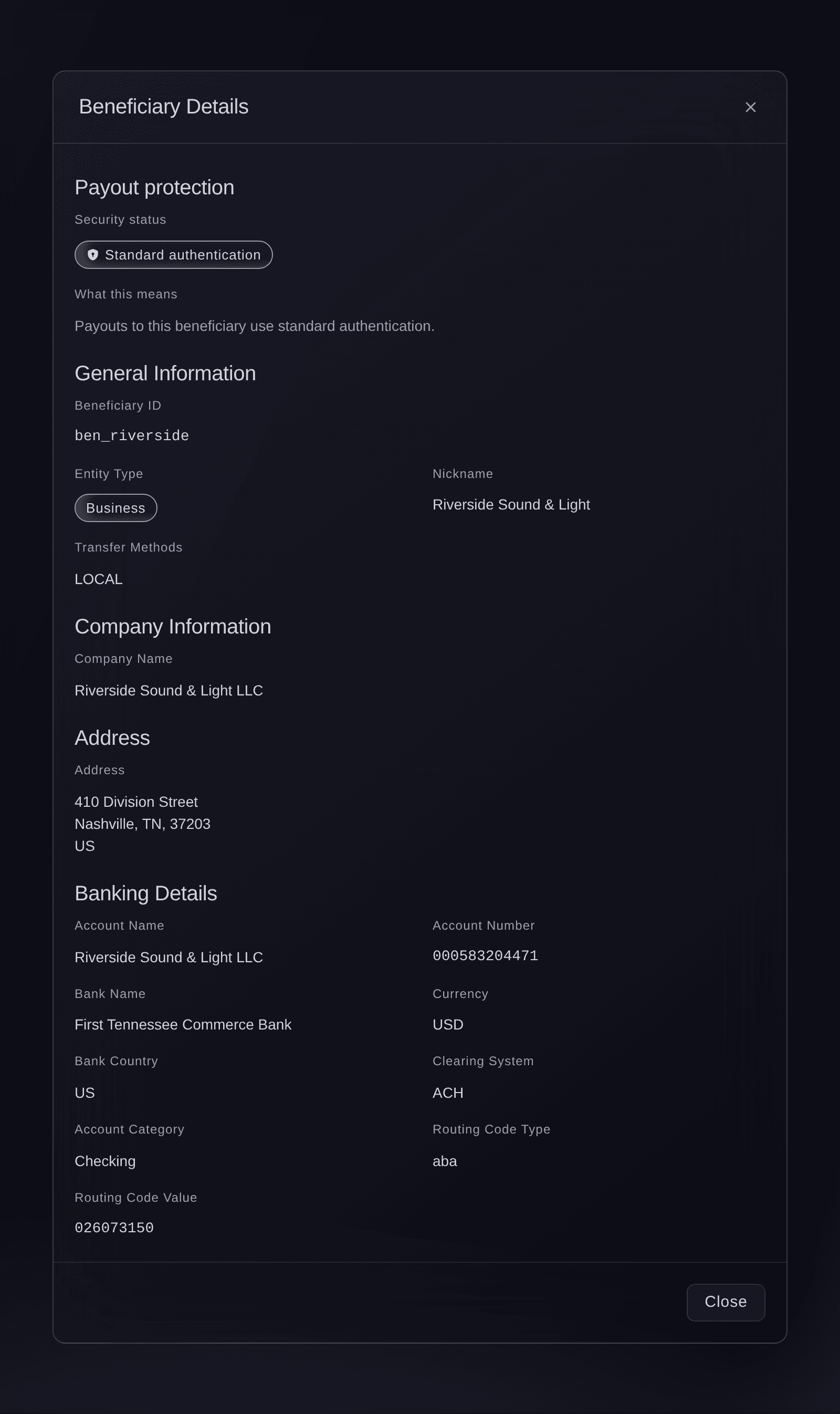 Ticket Fairy Recipient Details for a production supplier, with its company, address and US bank account details