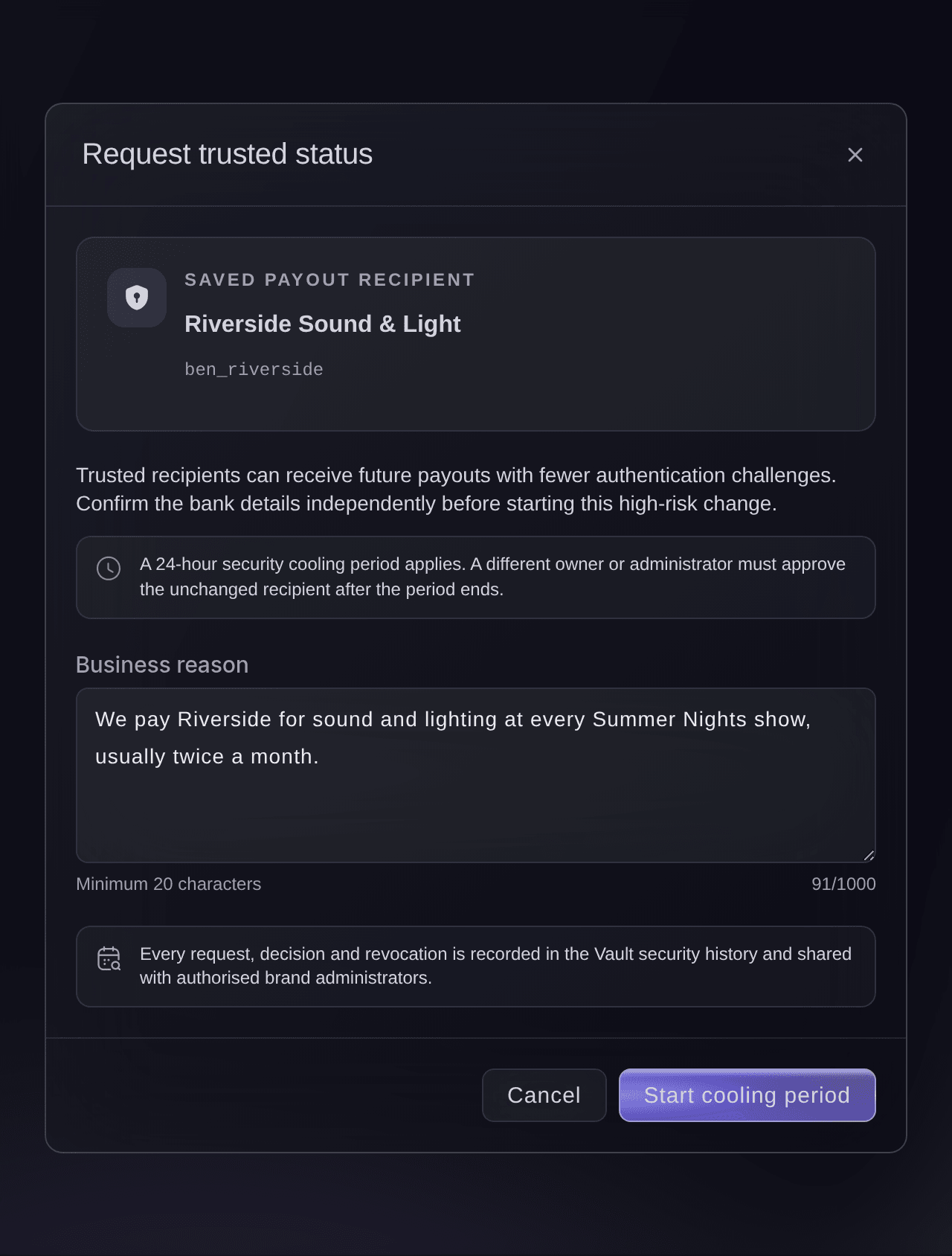 Ticket Fairy Request trusted status dialog for a sound and lighting supplier, with the 24-hour cooling period explained and a business reason entered
