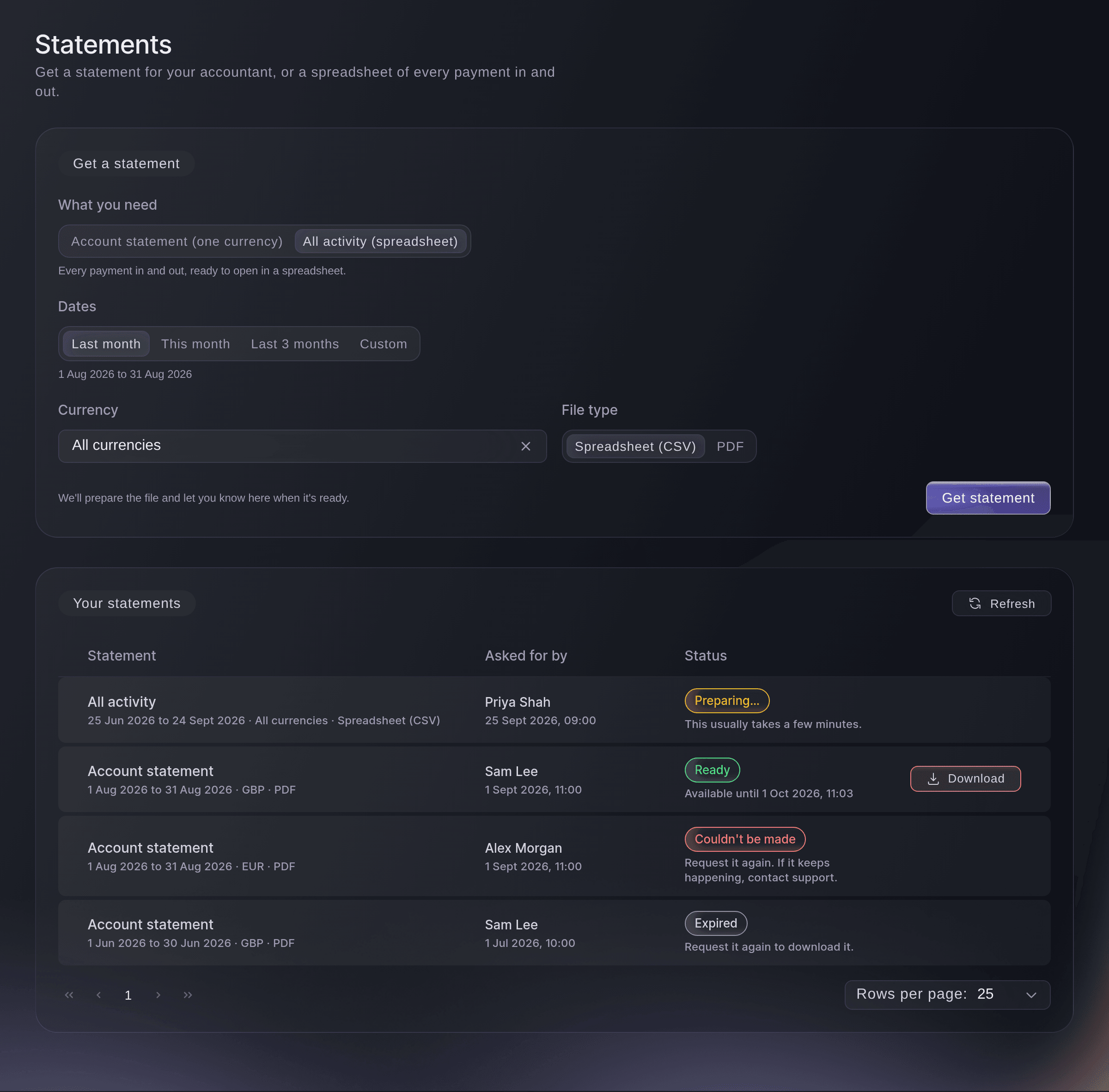Ticket Fairy Vault Get a statement with All activity chosen, every currency and a spreadsheet file