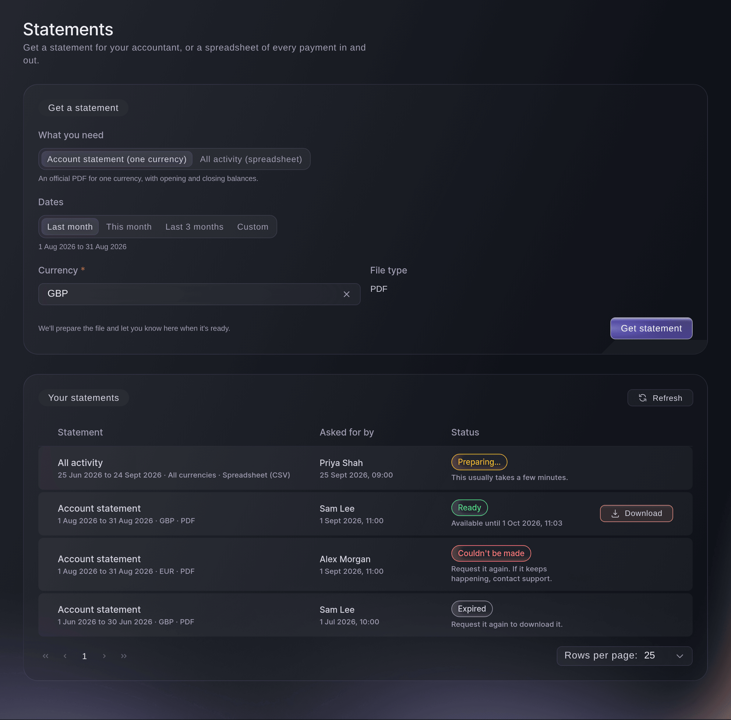 Ticket Fairy Vault Statements page with the Get a statement form and four earlier requests that are preparing, ready, could not be made and expired