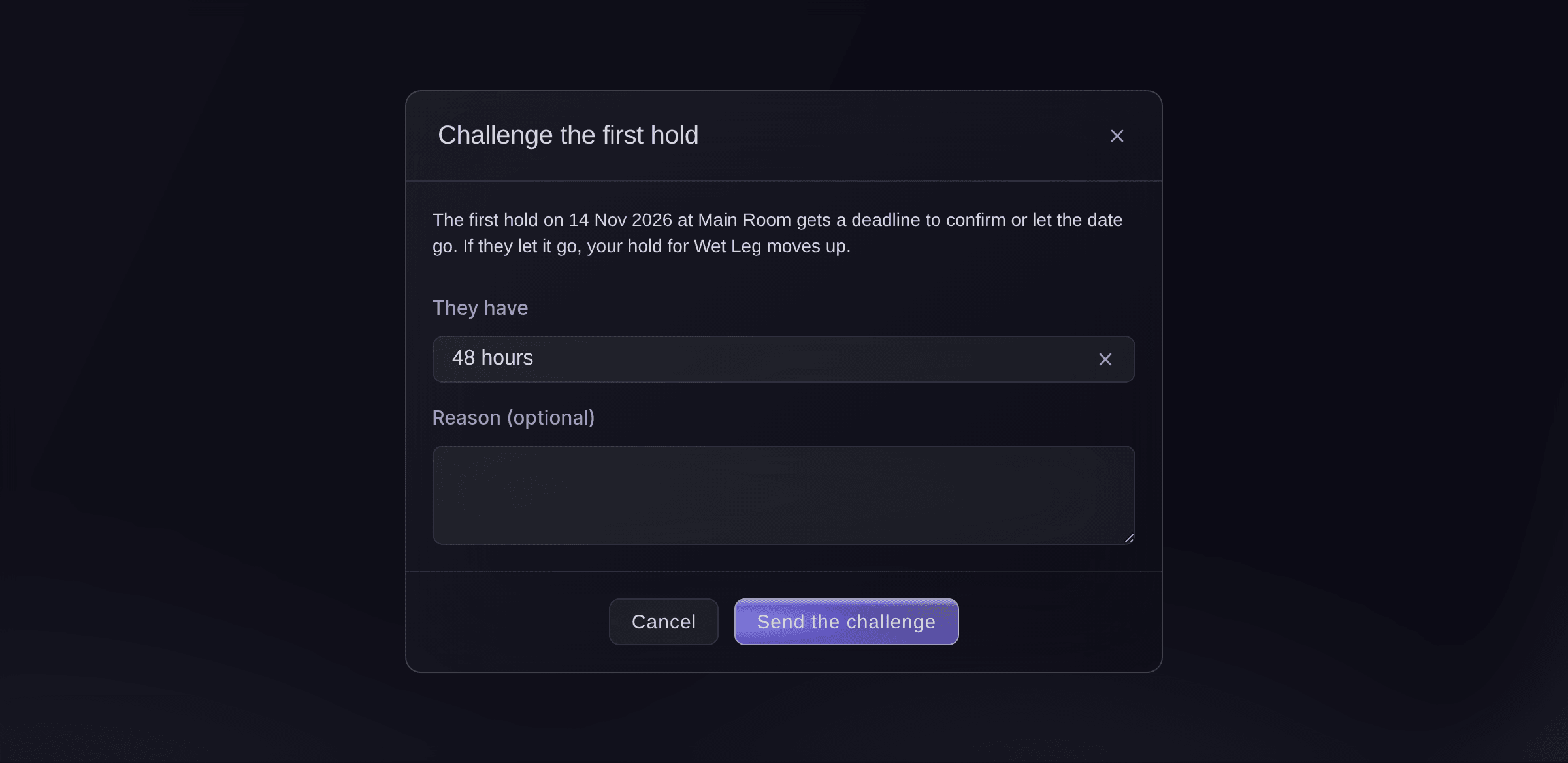 Ticket Fairy Challenge the first hold dialog, giving the first hold on 14 November 48 hours to confirm or let the date go
