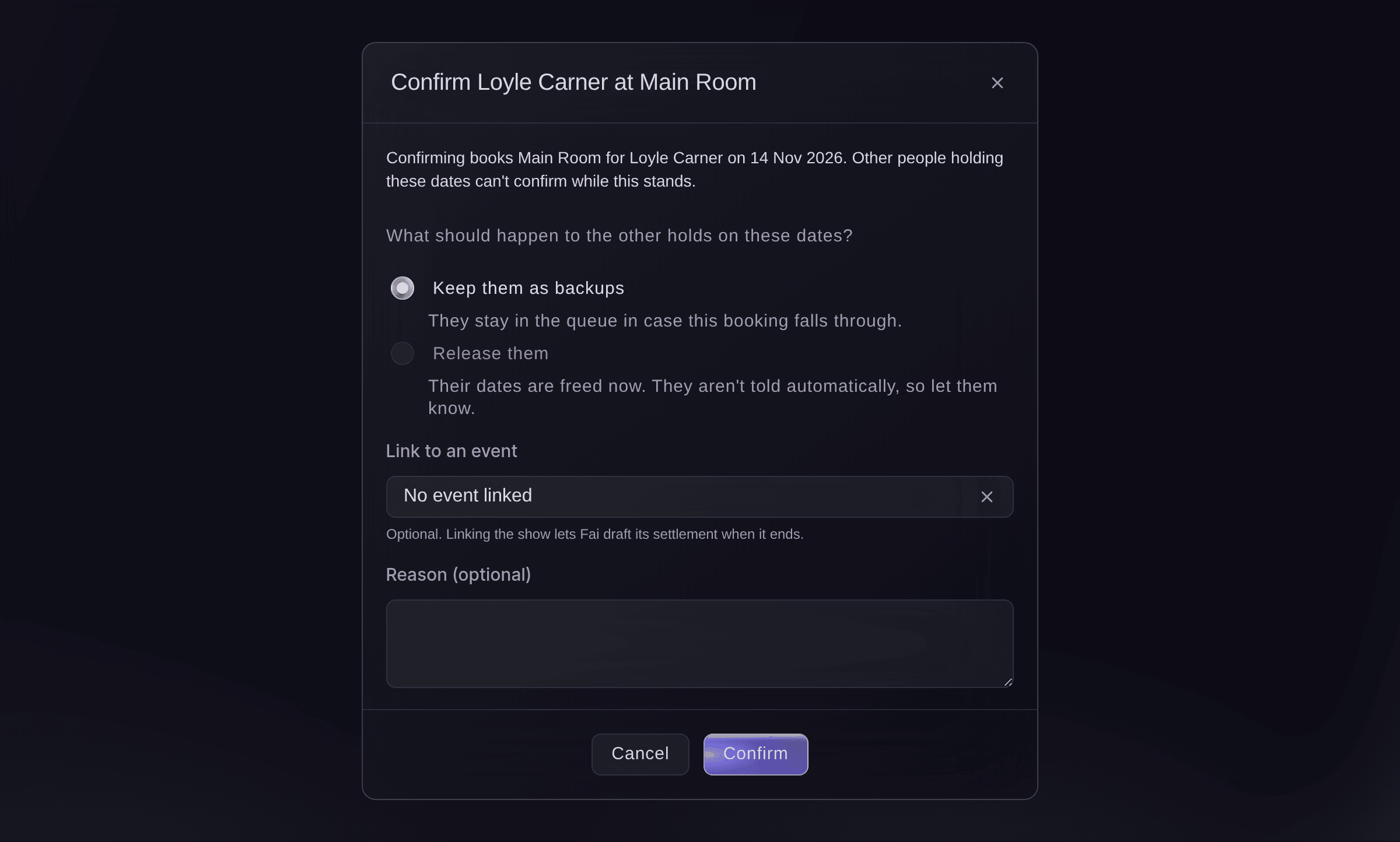 Ticket Fairy Confirm dialog for Loyle Carner in the Main Room, choosing whether to keep the other holds as backups or release them, and linking an event