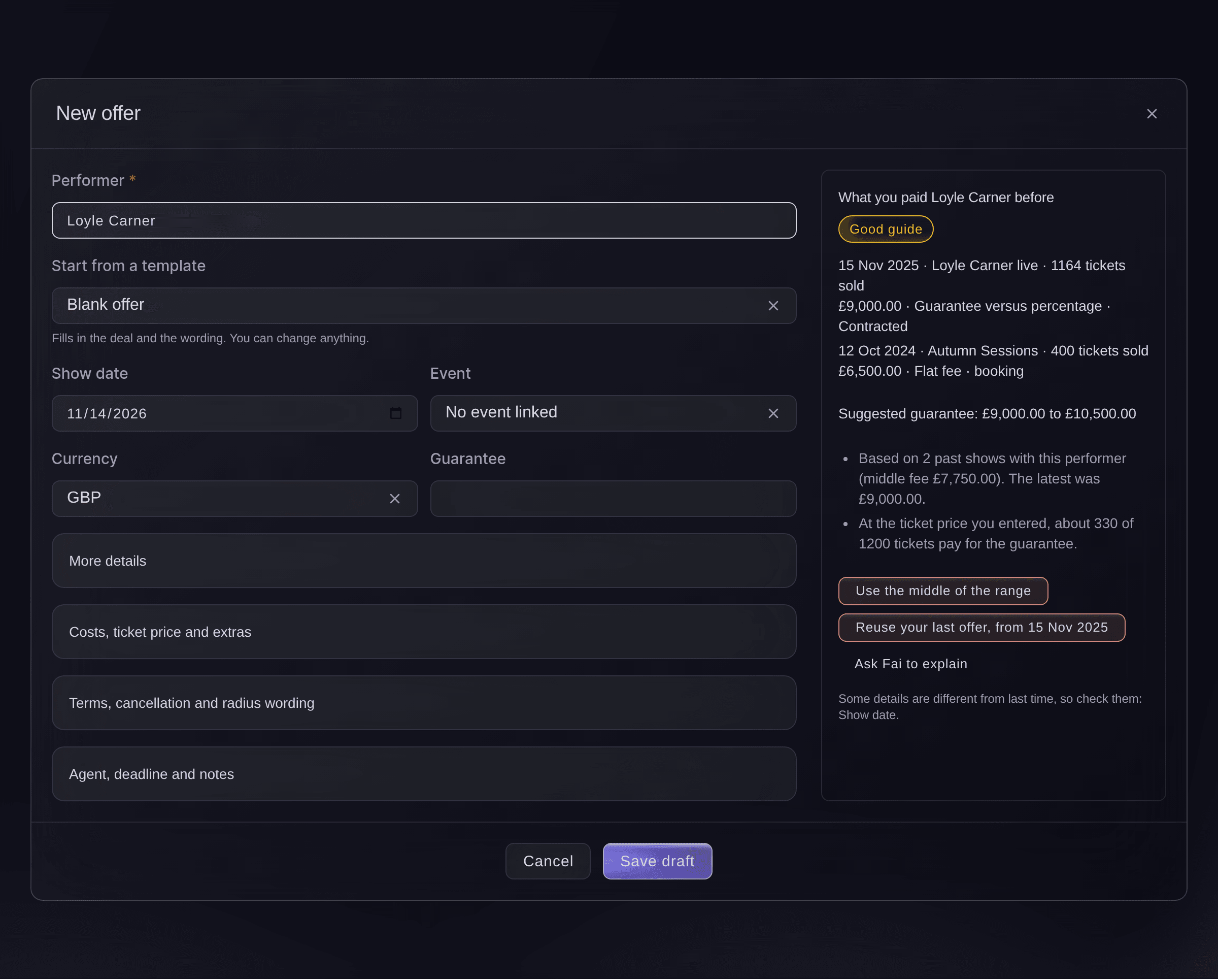 Ticket Fairy New offer form for Loyle Carner beside what you paid them before, a suggested guarantee range and the buttons to use the middle of the range or reuse the last offer