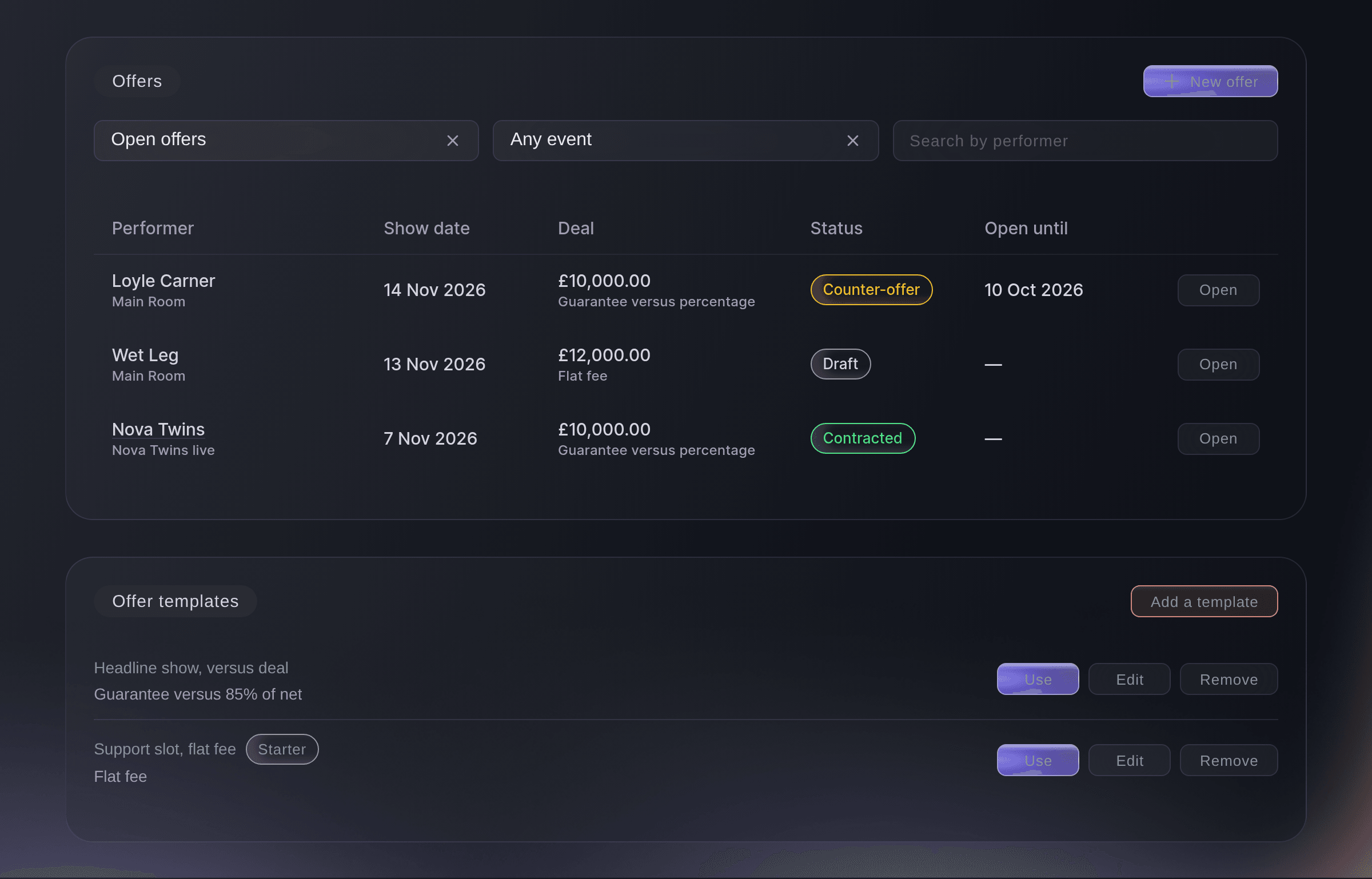 Ticket Fairy Offers list with a counter-offer, a draft and a contracted offer, and two offer templates beneath it