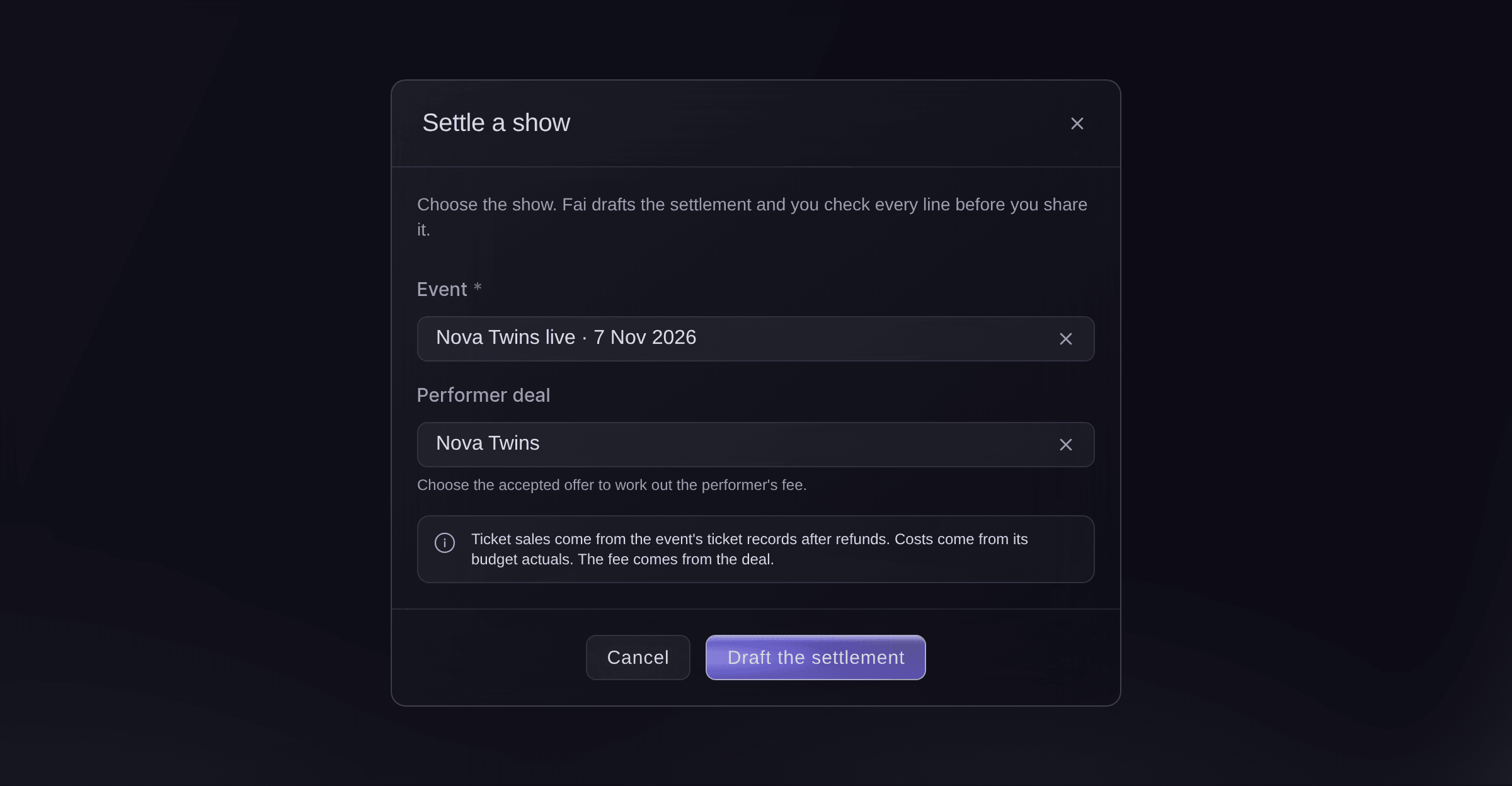 Ticket Fairy Settle a show dialog with the event Nova Twins live and the performer deal chosen