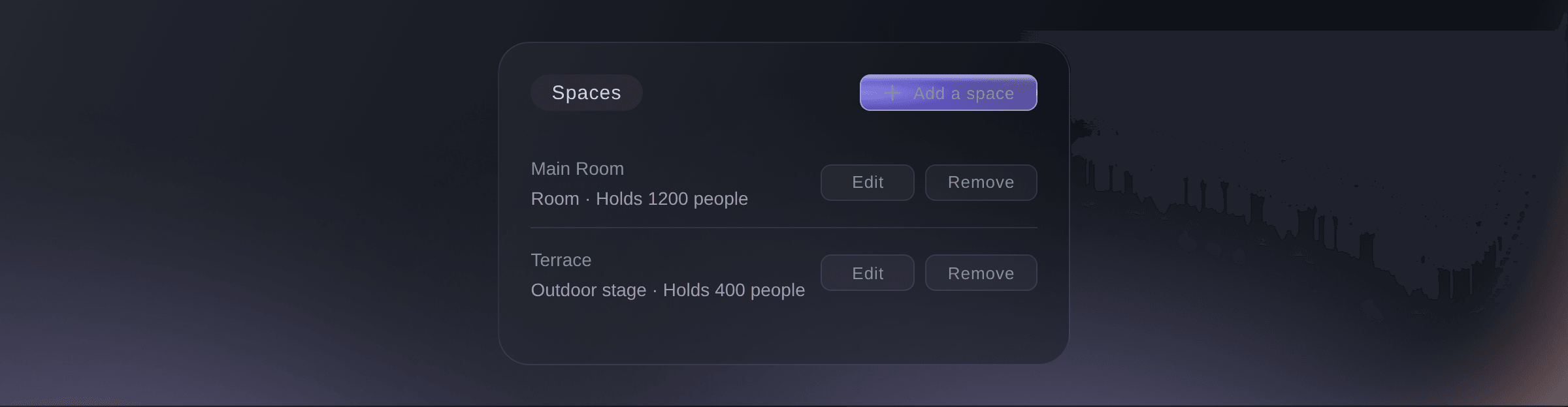Ticket Fairy Event Operations Spaces list with a Main Room for 1,200 people and a Terrace for 400