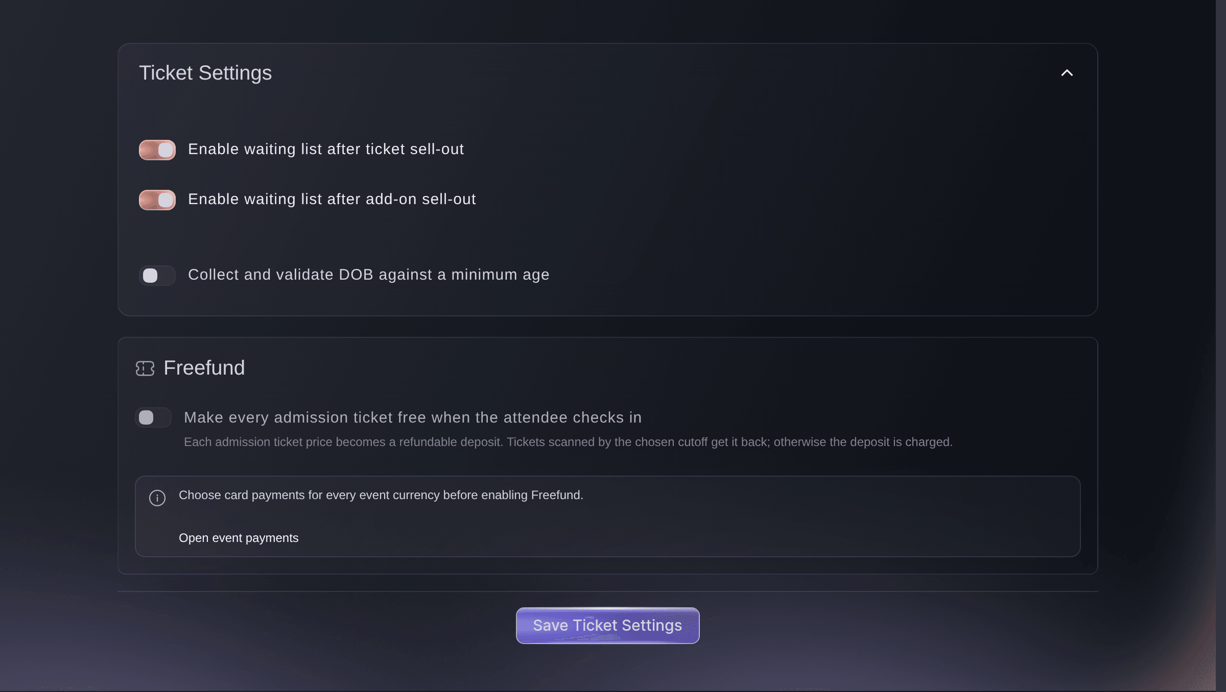Ticket Fairy ticket settings with the waiting list switches for tickets and add-ons turned on