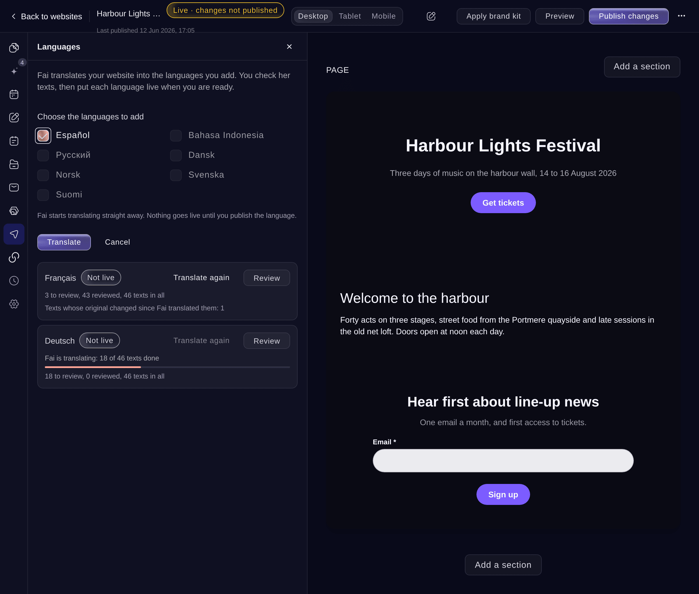 Ticket Fairy Languages section with the languages to add and Spanish ticked