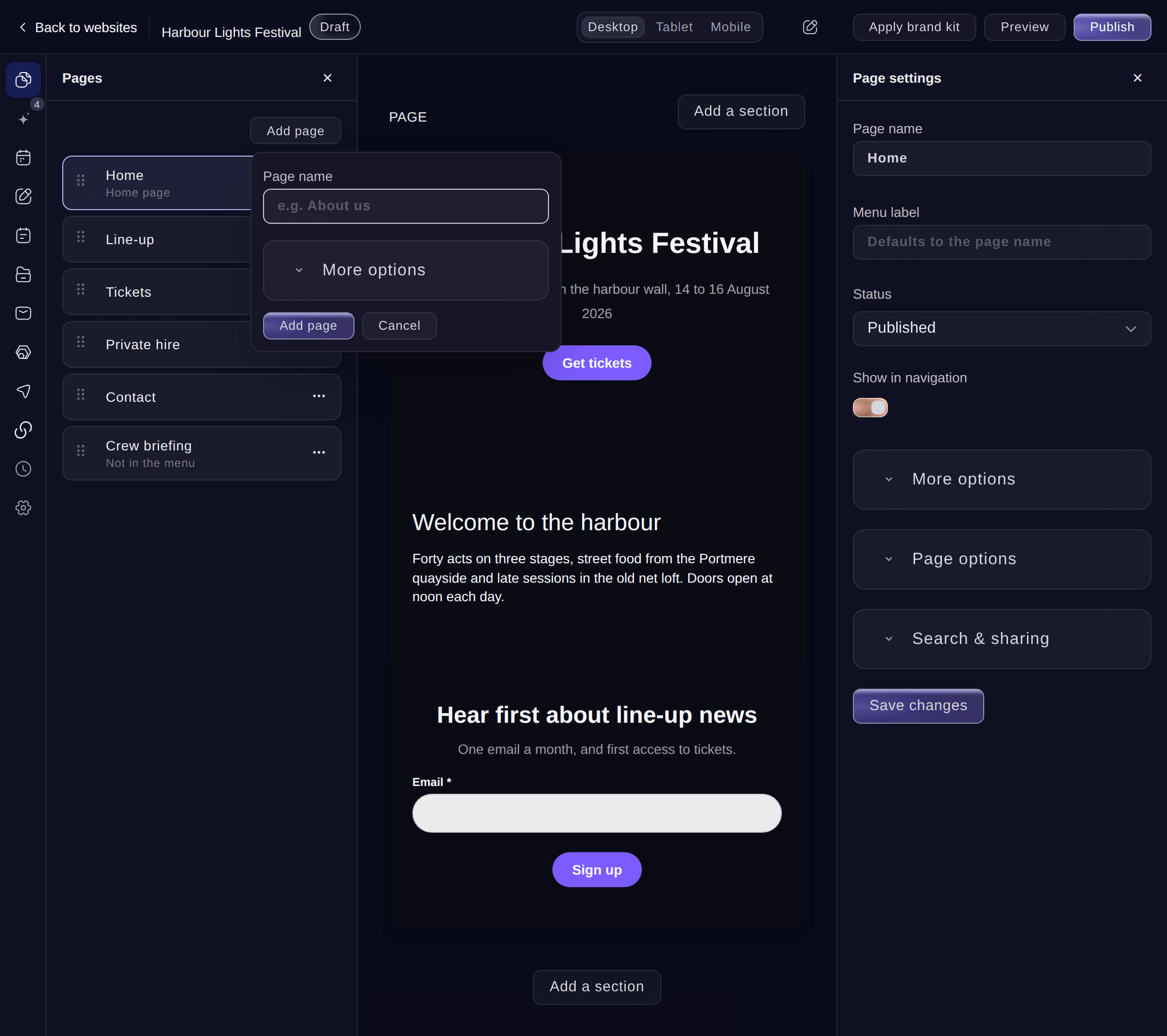 Ticket Fairy Add a page dialog with the page name, menu label, status and Show in navigation