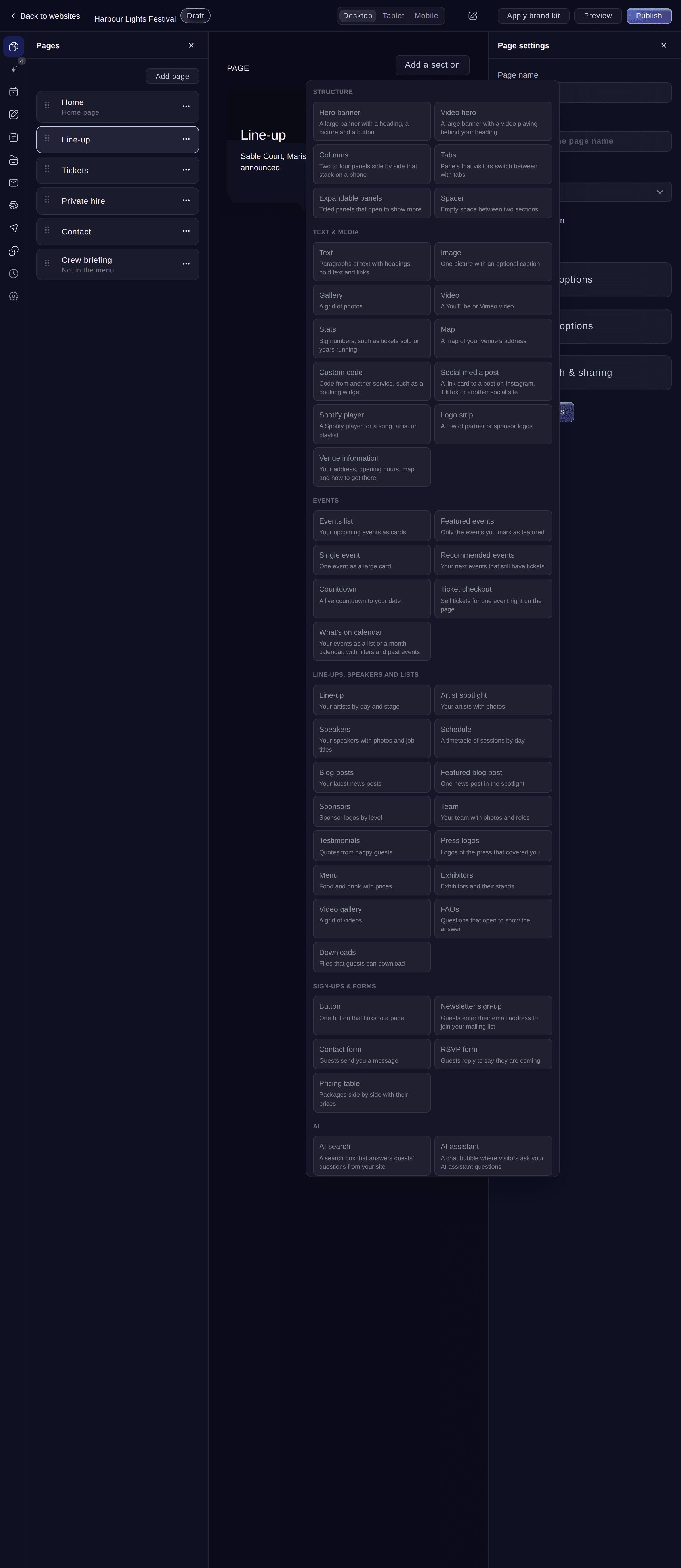 Ticket Fairy website editor with the list of sections to add, grouped by kind