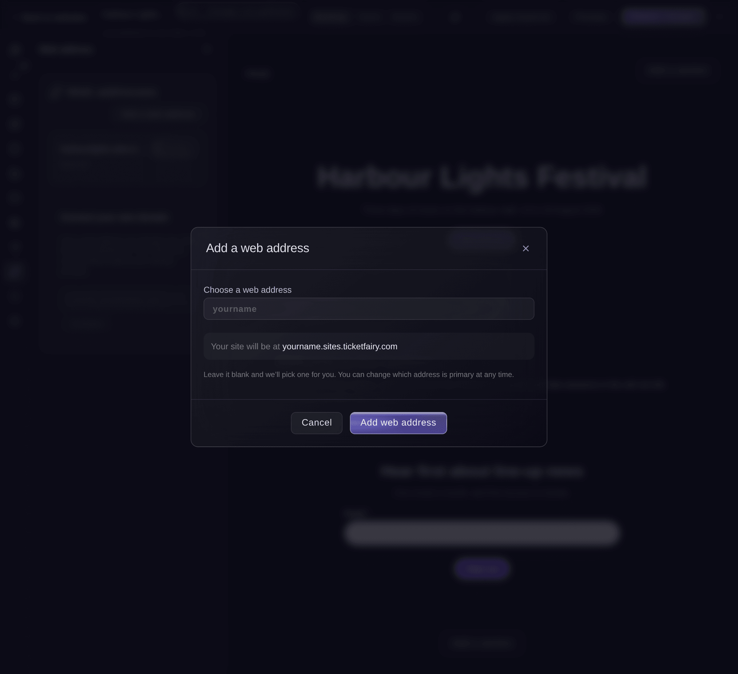 Ticket Fairy Add a web address dialog with the address to choose and a preview of the full address