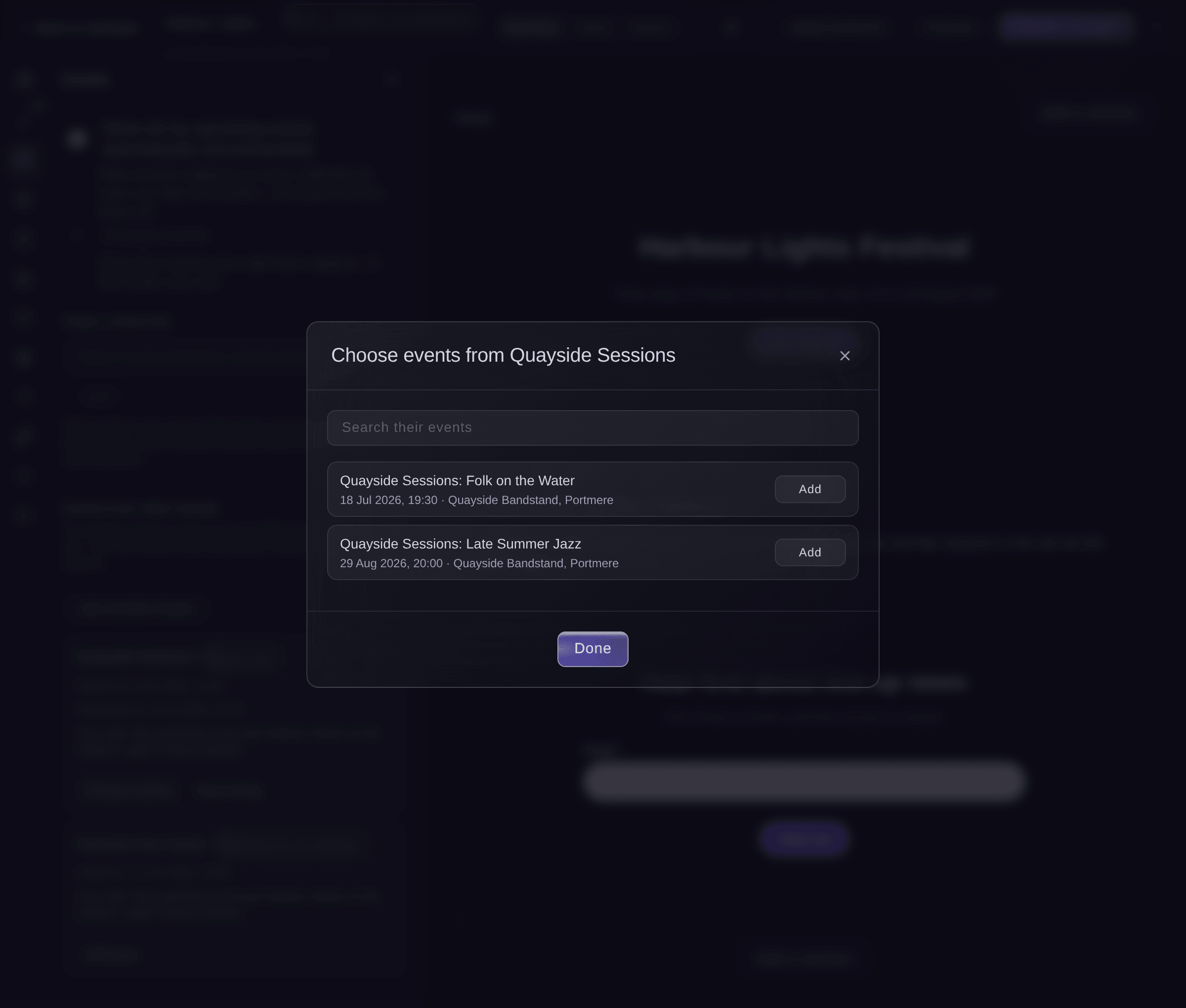 Ticket Fairy dialog to choose events from an approved brand, with two upcoming events and their Add buttons