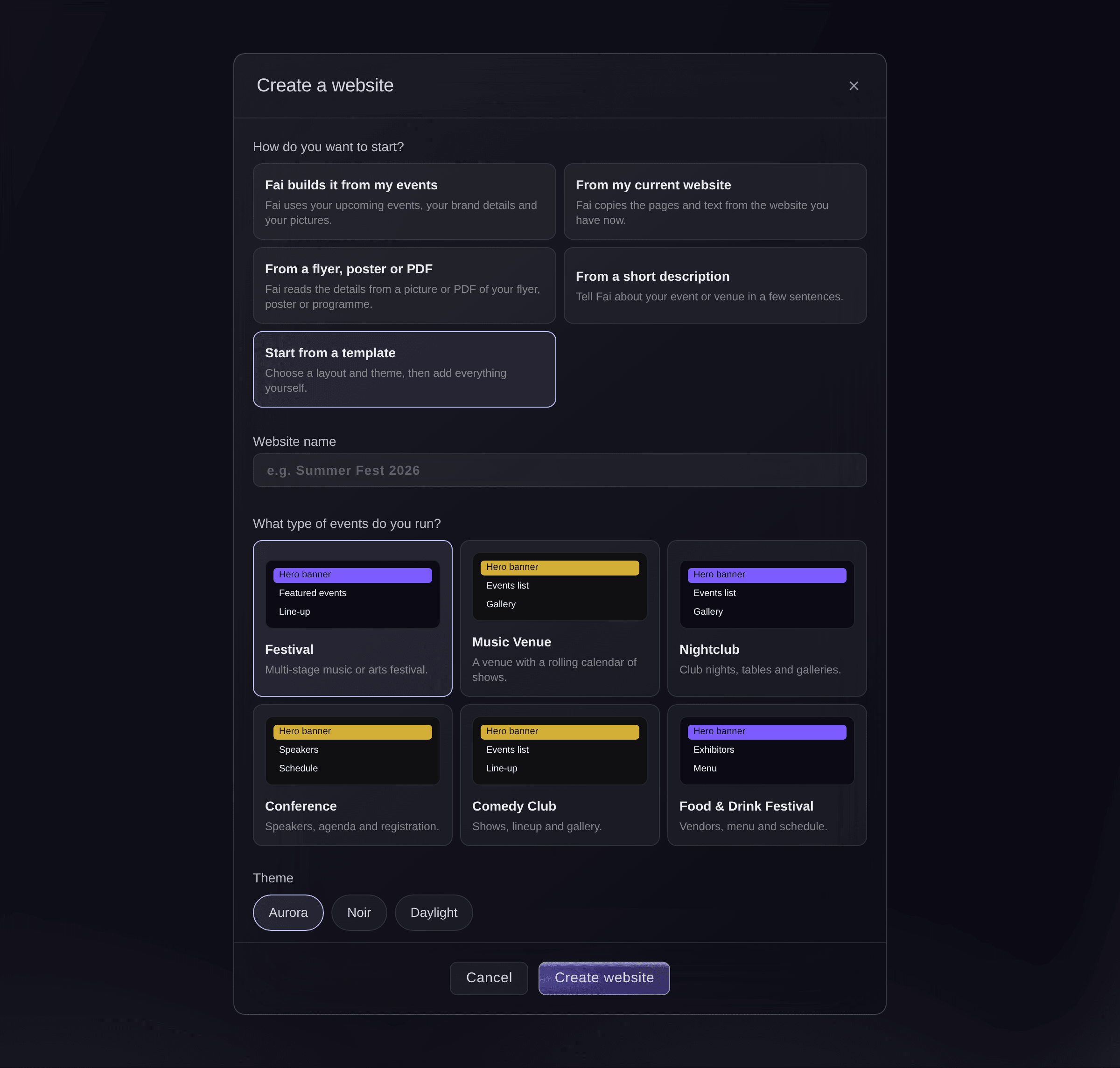 Ticket Fairy Create a website dialog with Start from a template chosen, the Festival type selected and its themes
