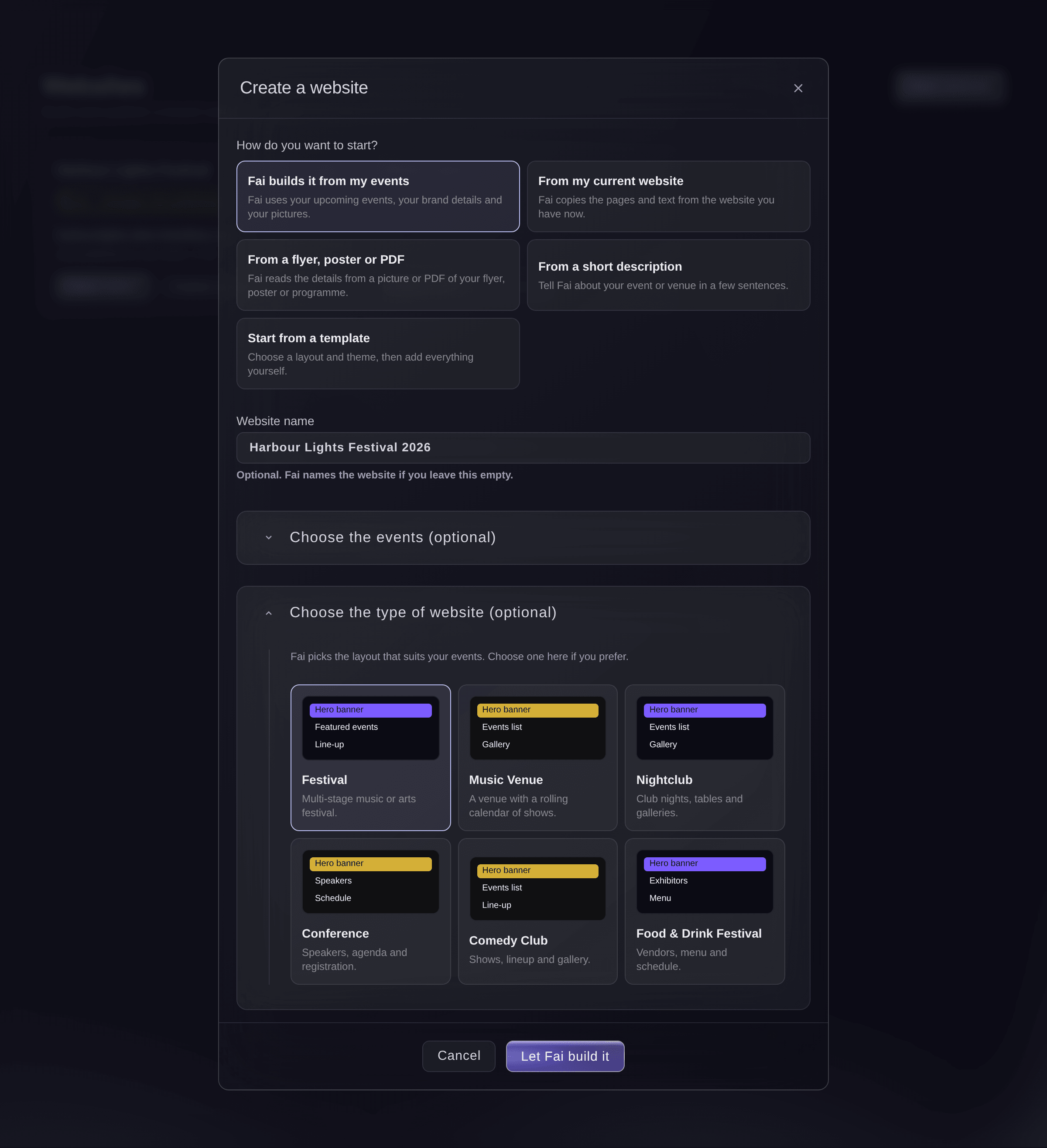 Ticket Fairy Create a website dialog with the five ways to start, Fai builds it from my events selected