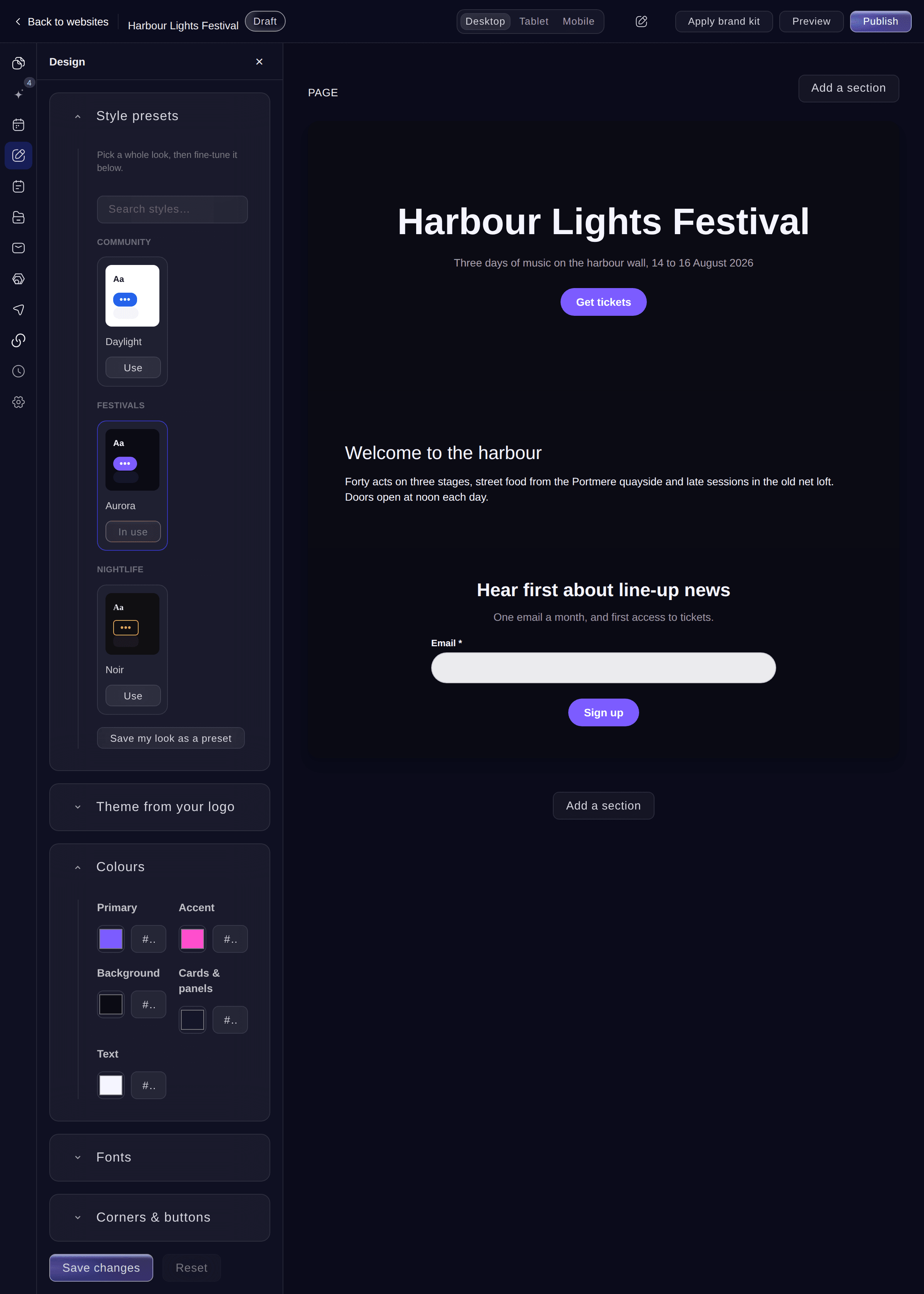 Ticket Fairy website Design section with style presets, colours, fonts and corners, previewed on the page