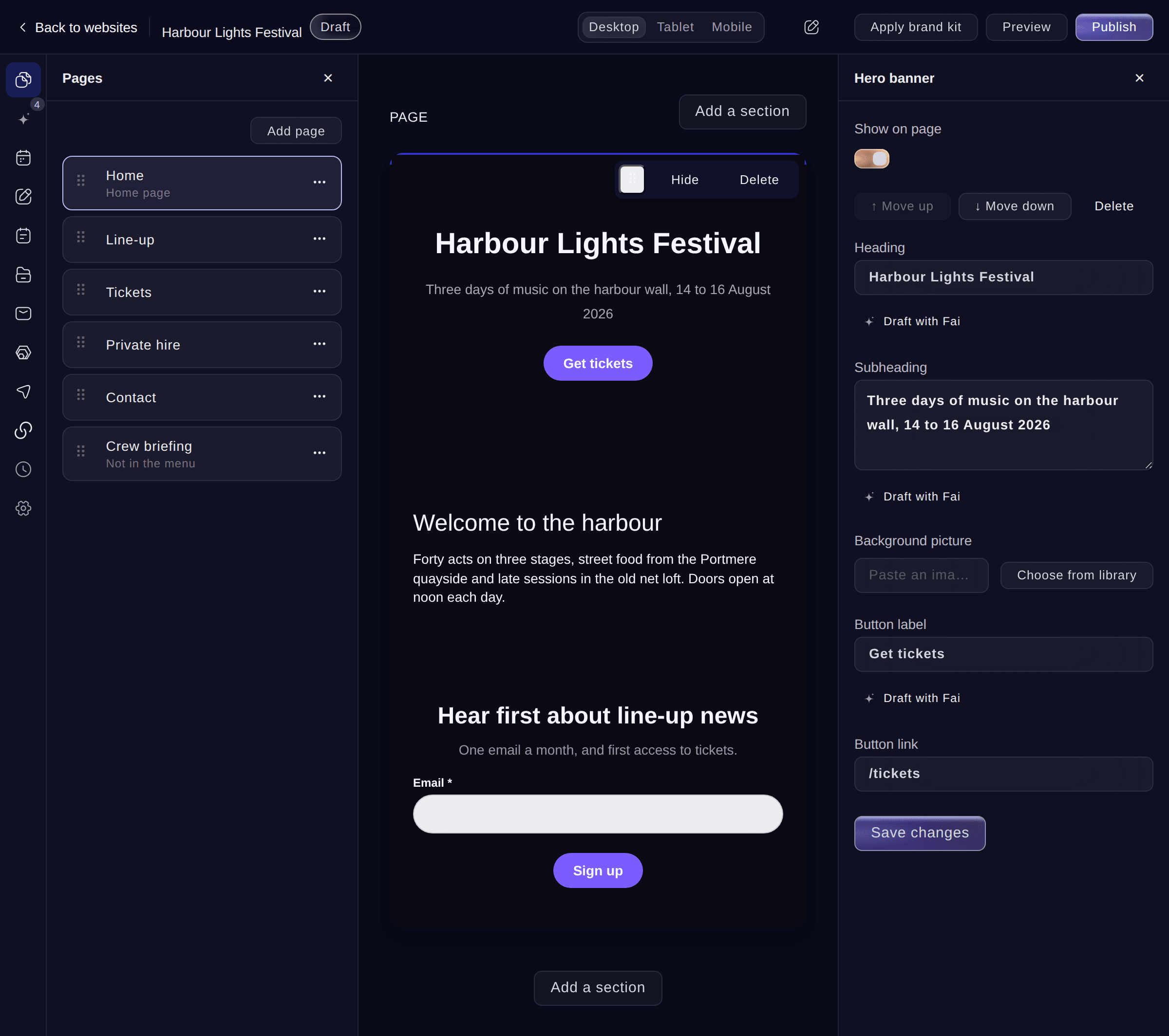Ticket Fairy website editor with the top section of the home page selected and its heading, subheading, button and picture fields