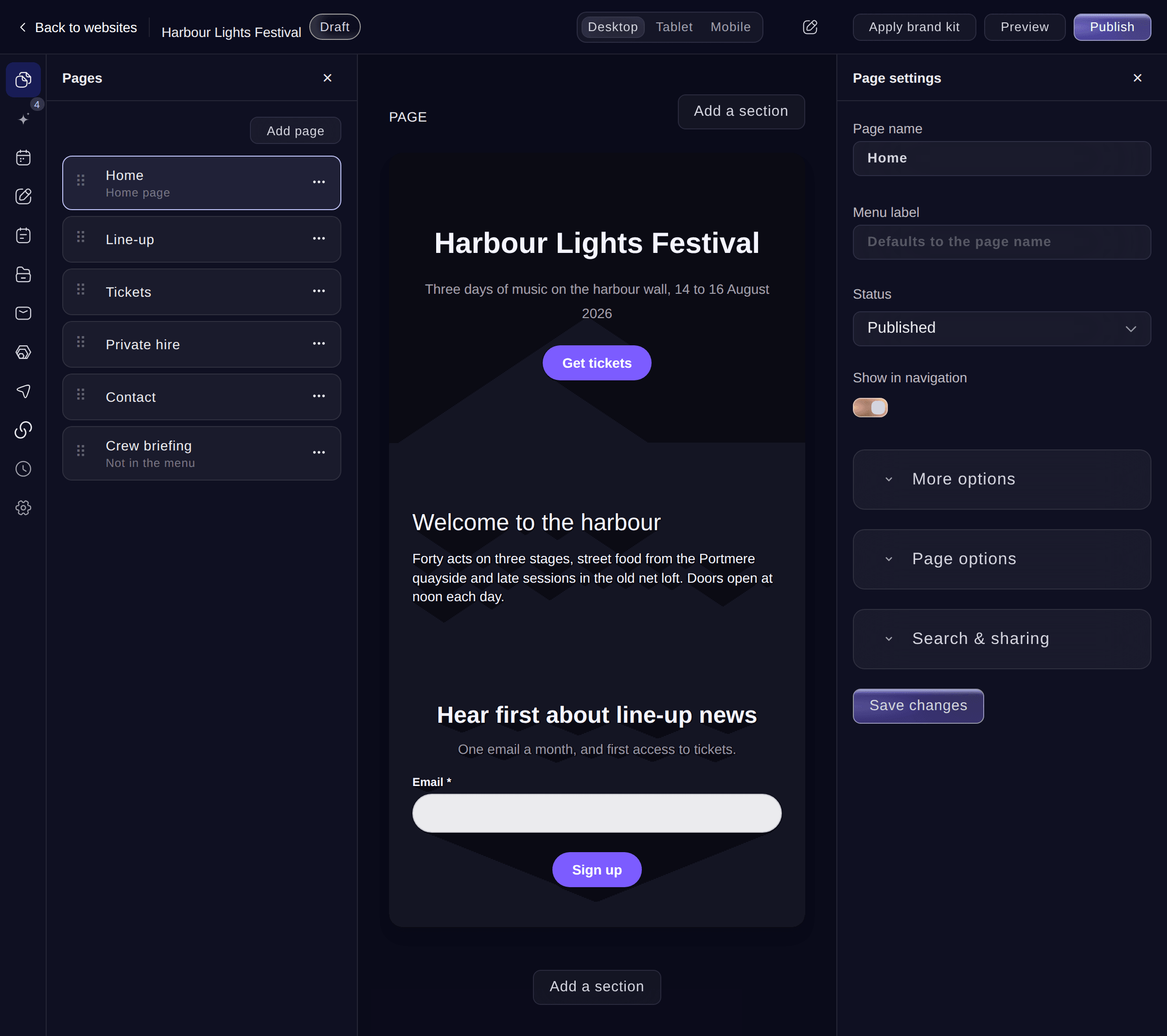 Ticket Fairy website editor with the pages of a festival website, the home page on the canvas and its page settings