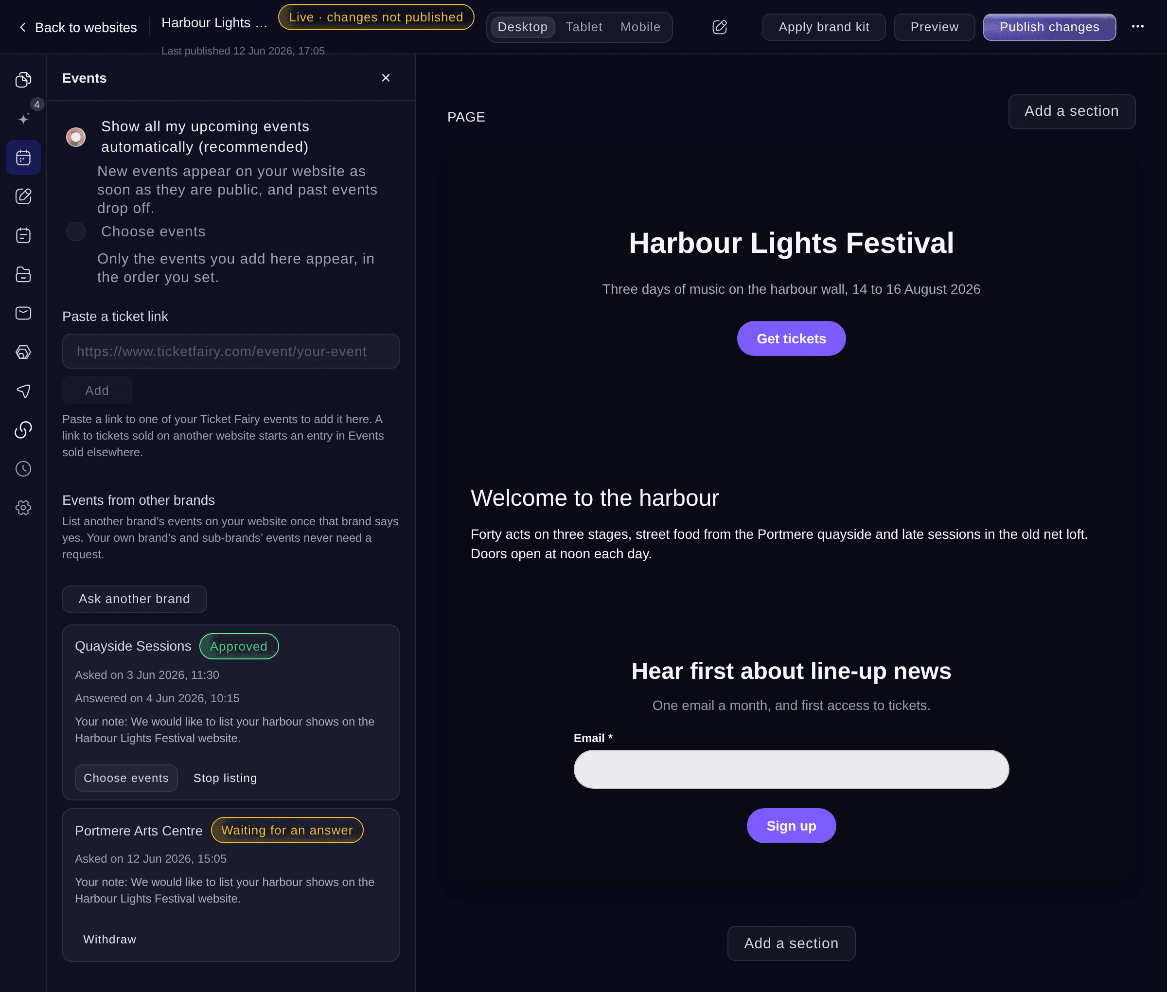 Ticket Fairy website Events section showing every upcoming event automatically, Paste a ticket link and Events from other brands