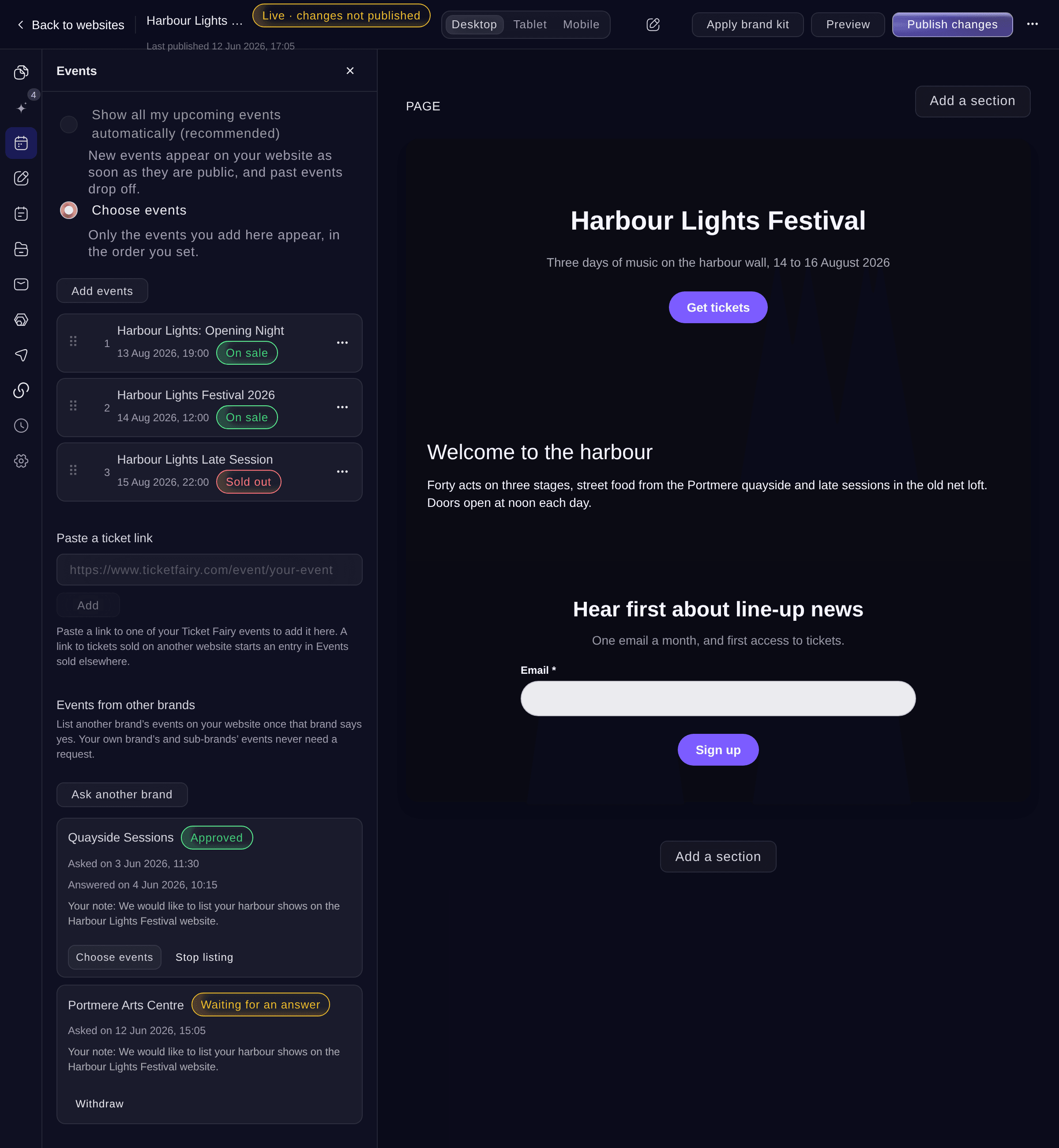 Ticket Fairy website Events section with three chosen events in order, each with its date, status and menu