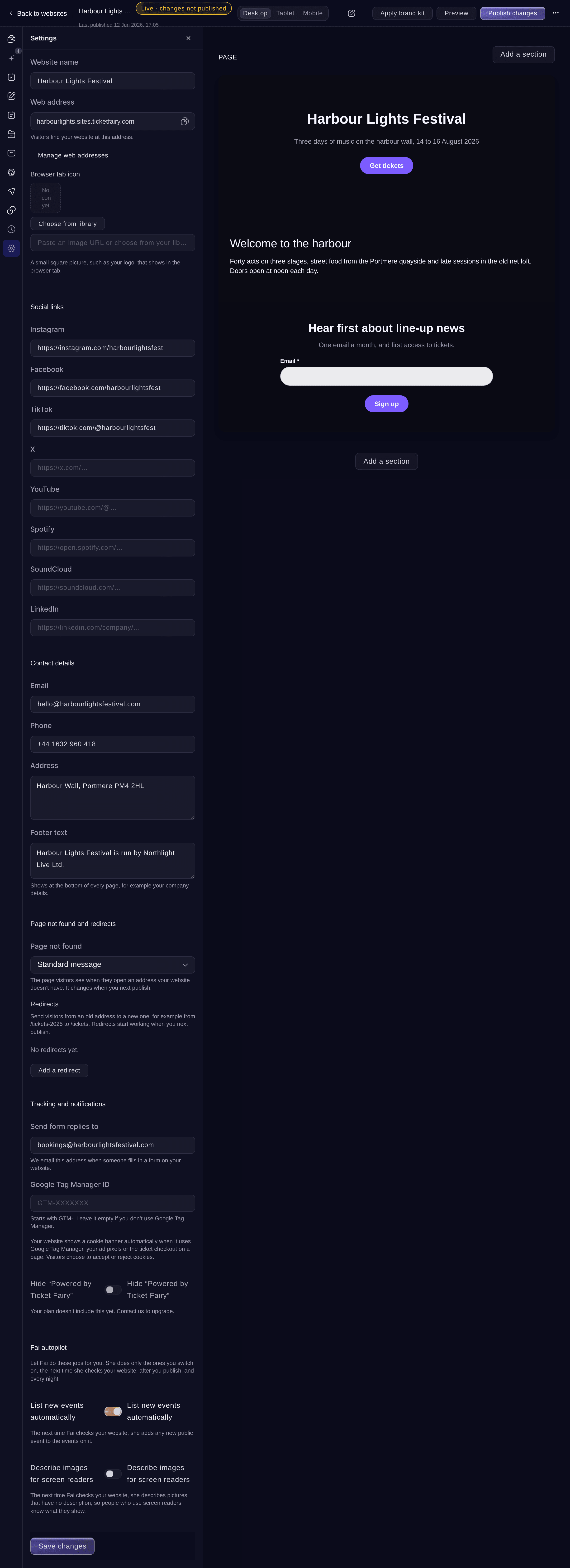 Ticket Fairy website Settings with Fai autopilot and List new events automatically switched on