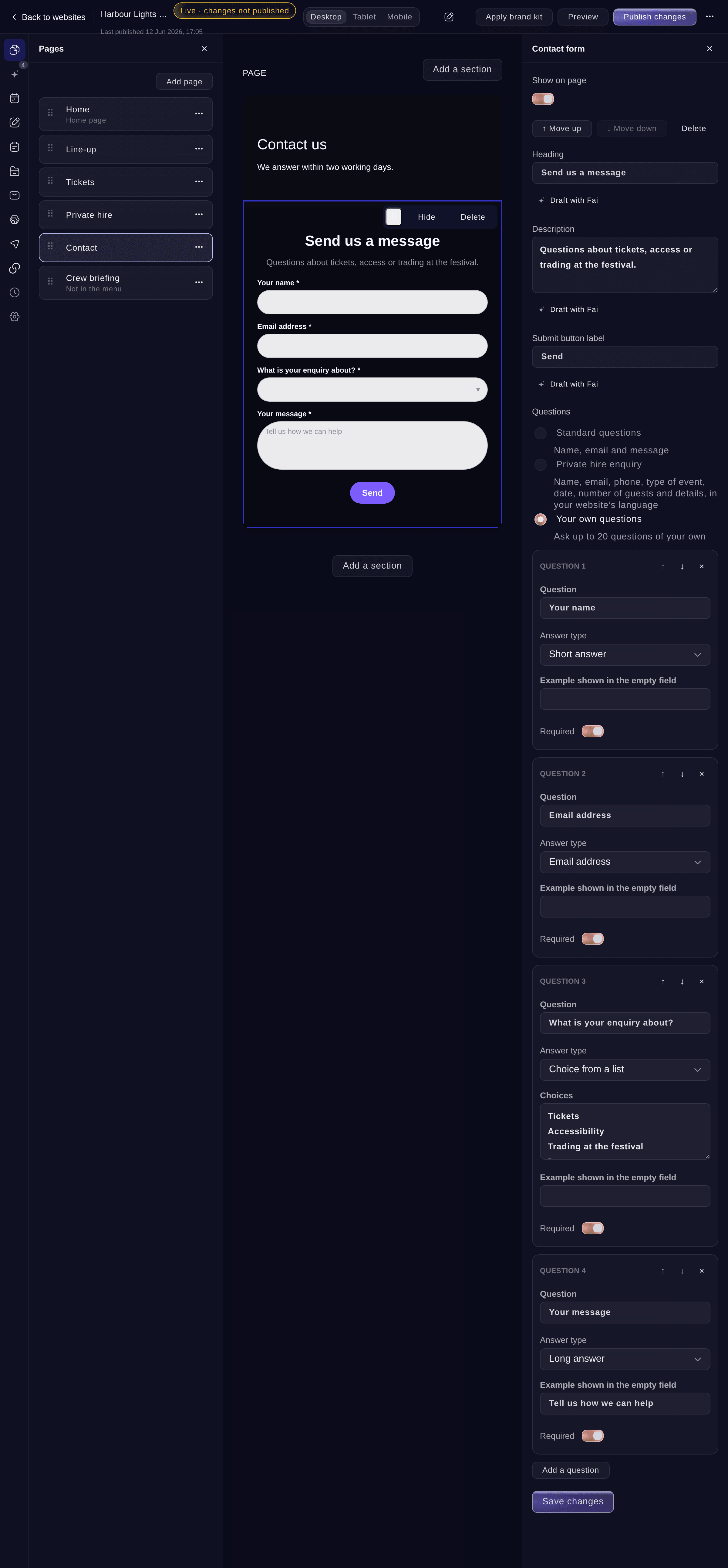 Ticket Fairy contact form section with four questions of its own: name, email, a choice from a list and a long answer