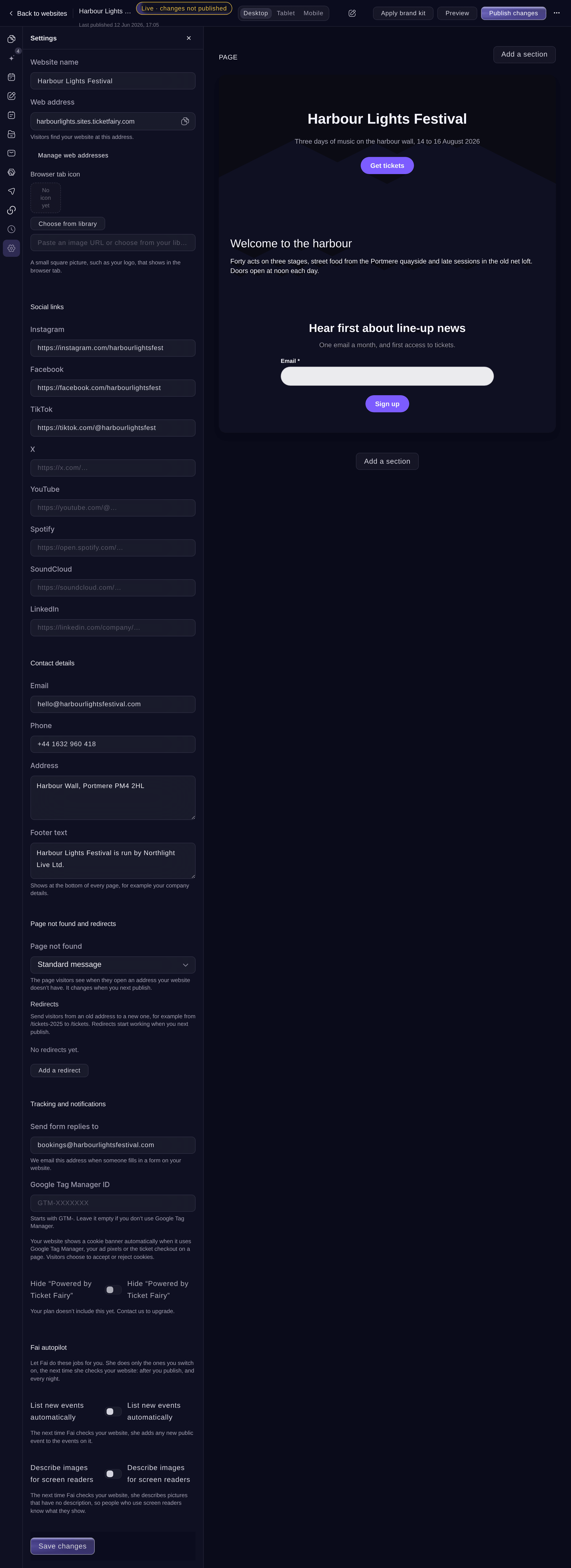 Ticket Fairy website Settings with the bookings address under Send form replies to