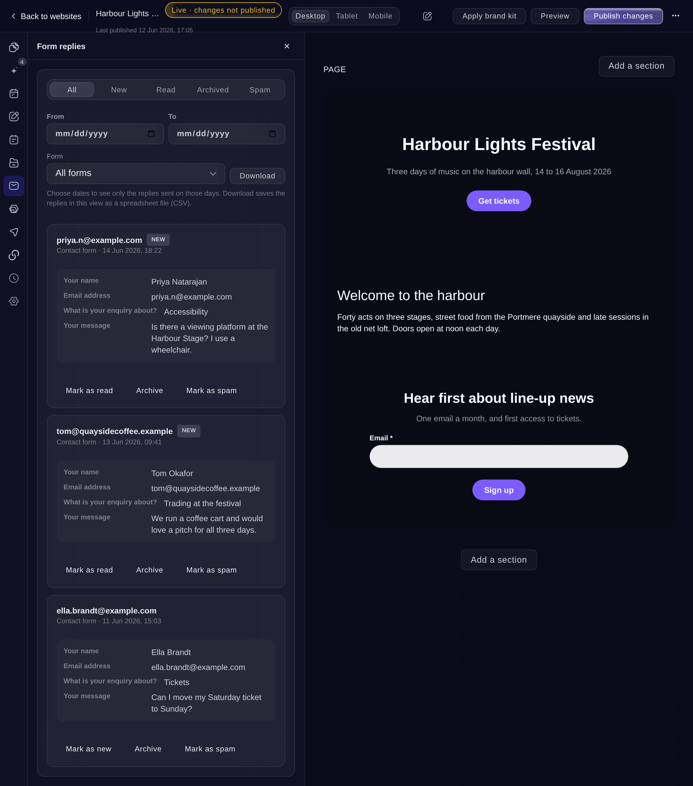 Ticket Fairy website Form replies with three contact form replies and their answers, the filters and Download replies