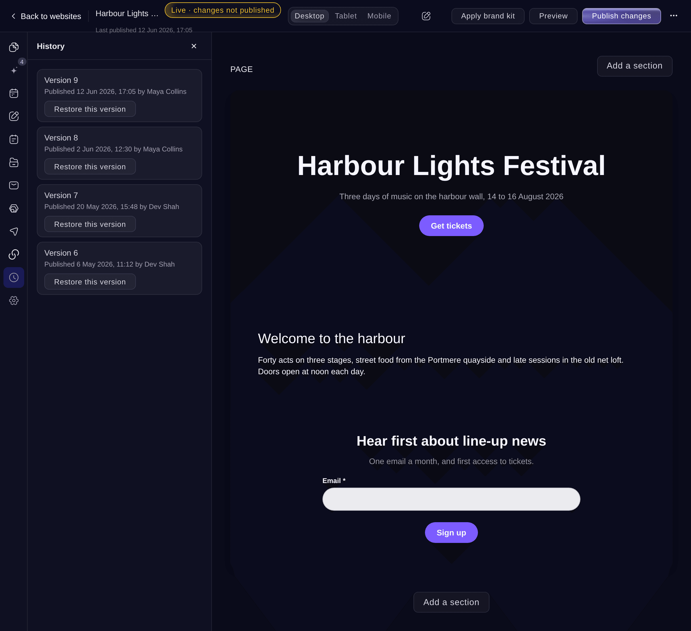 Ticket Fairy website History section with four published versions, the live one marked Live now