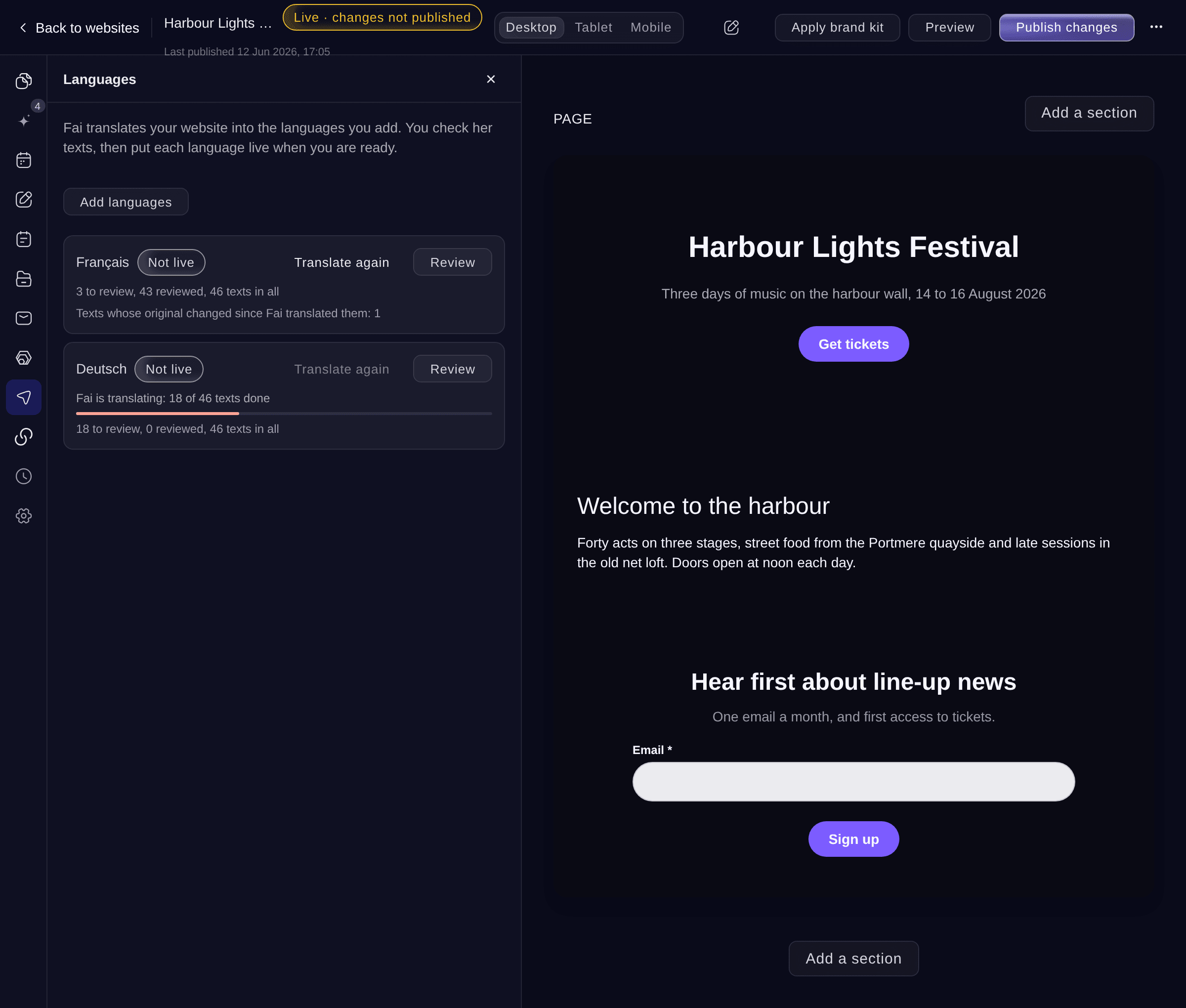 Ticket Fairy website Languages section with French ready to review and German being translated by Fai