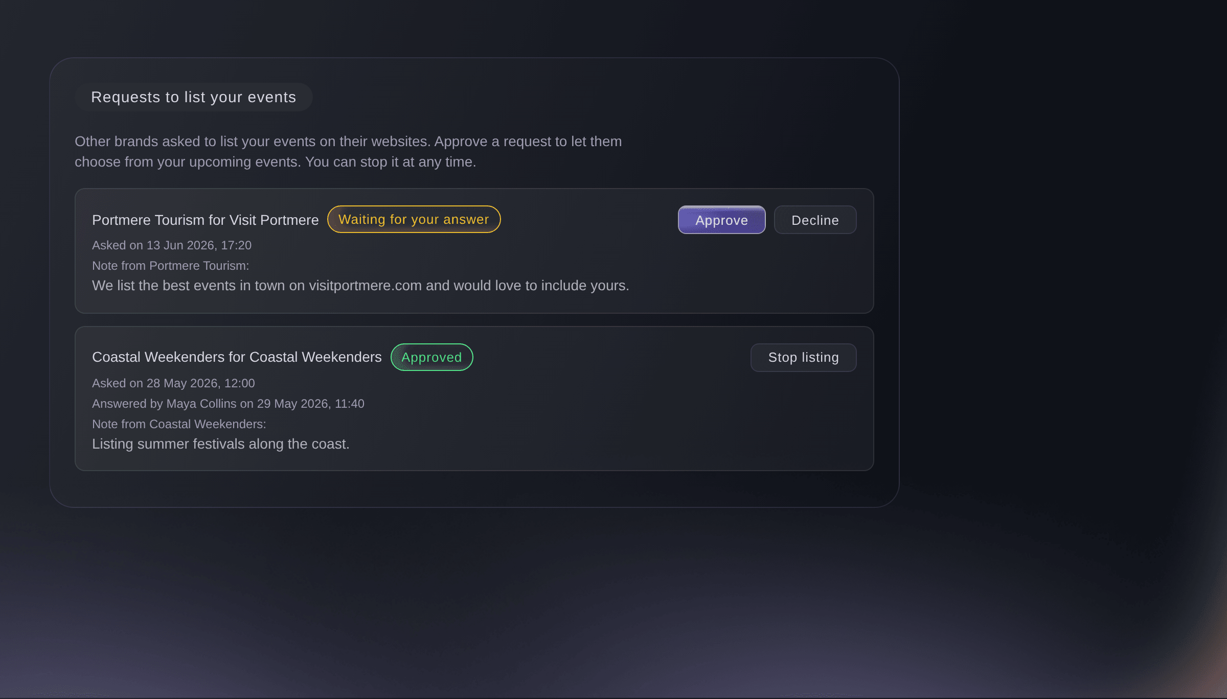 Ticket Fairy Requests to list your events with one request waiting for an answer and one approved