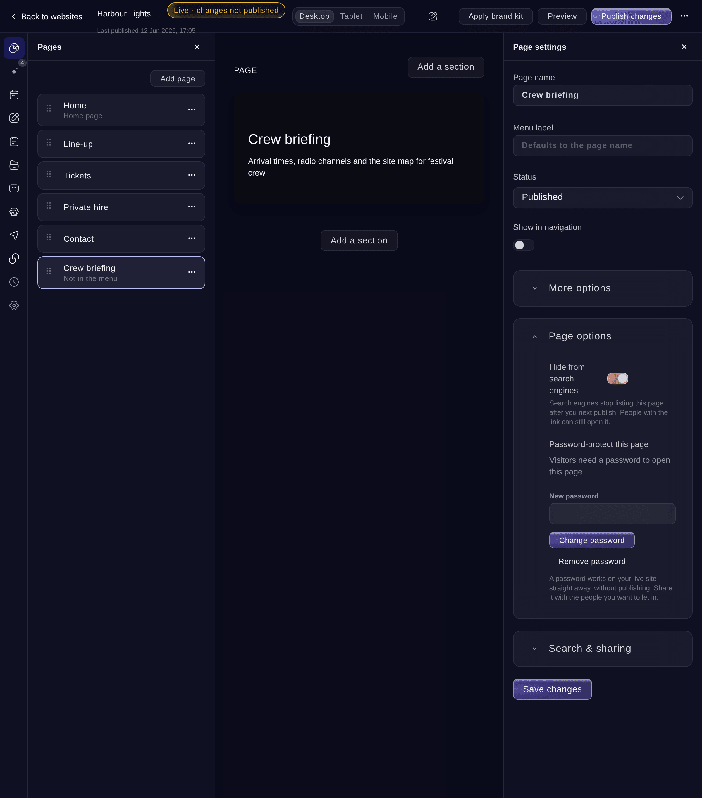 Ticket Fairy page settings for a Crew briefing page, hidden from search engines and protected by a password