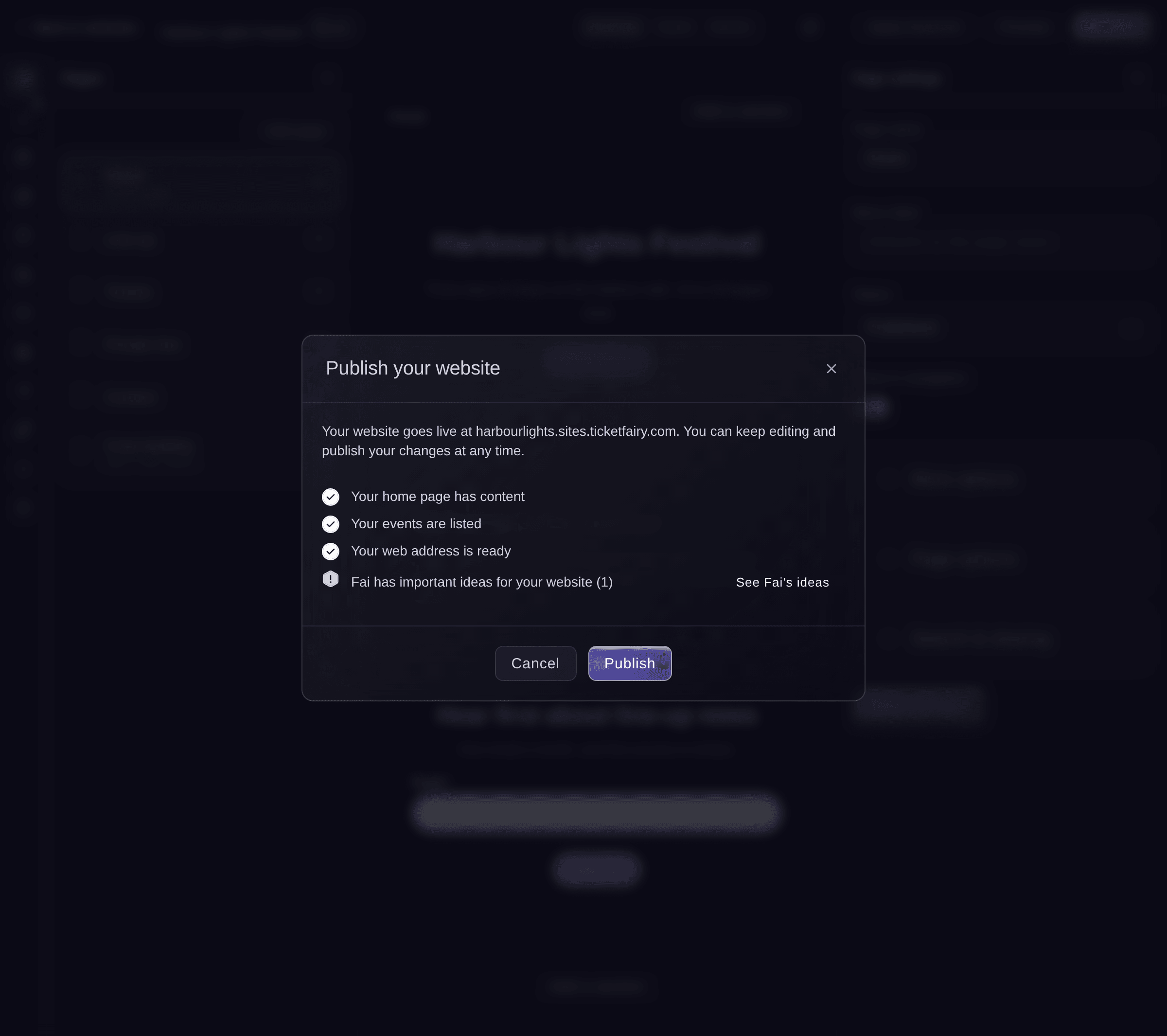 Ticket Fairy Publish your website dialog with the web address and four checks before publishing