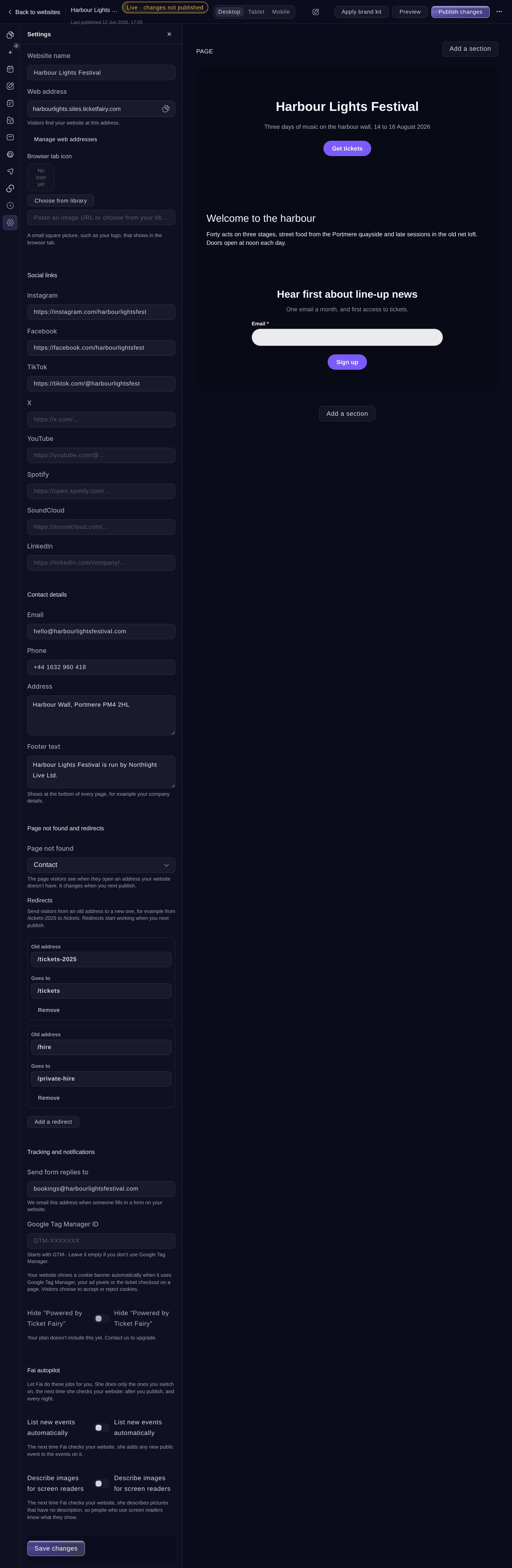 Ticket Fairy website Settings with the Contact page chosen for Page not found and two redirects from old addresses
