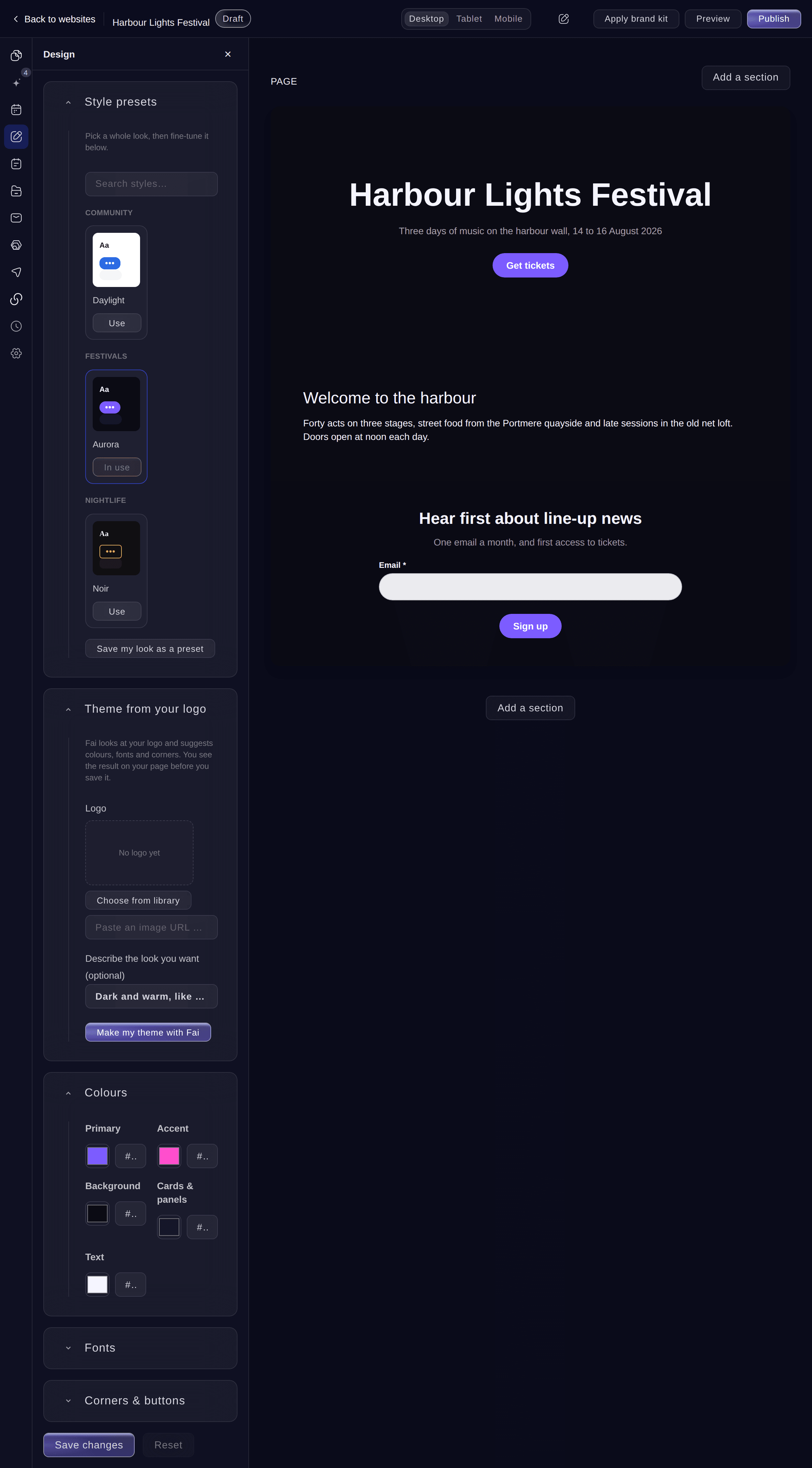 Ticket Fairy website Design section with Theme from your logo, a description of the look and Make my theme with Fai