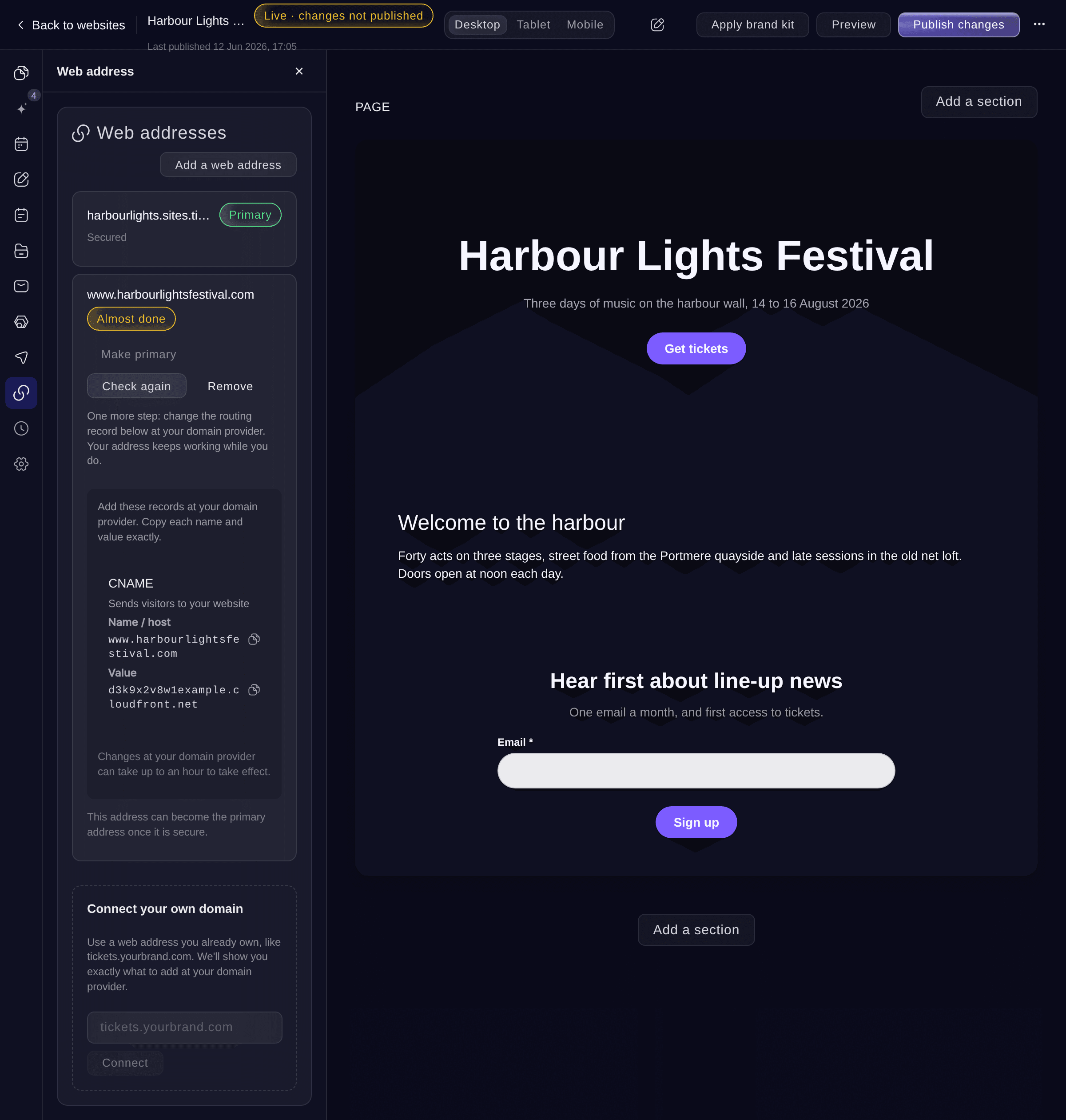 Ticket Fairy Web address section with www.harbourlightsfestival.com at Almost done and one routing record to change