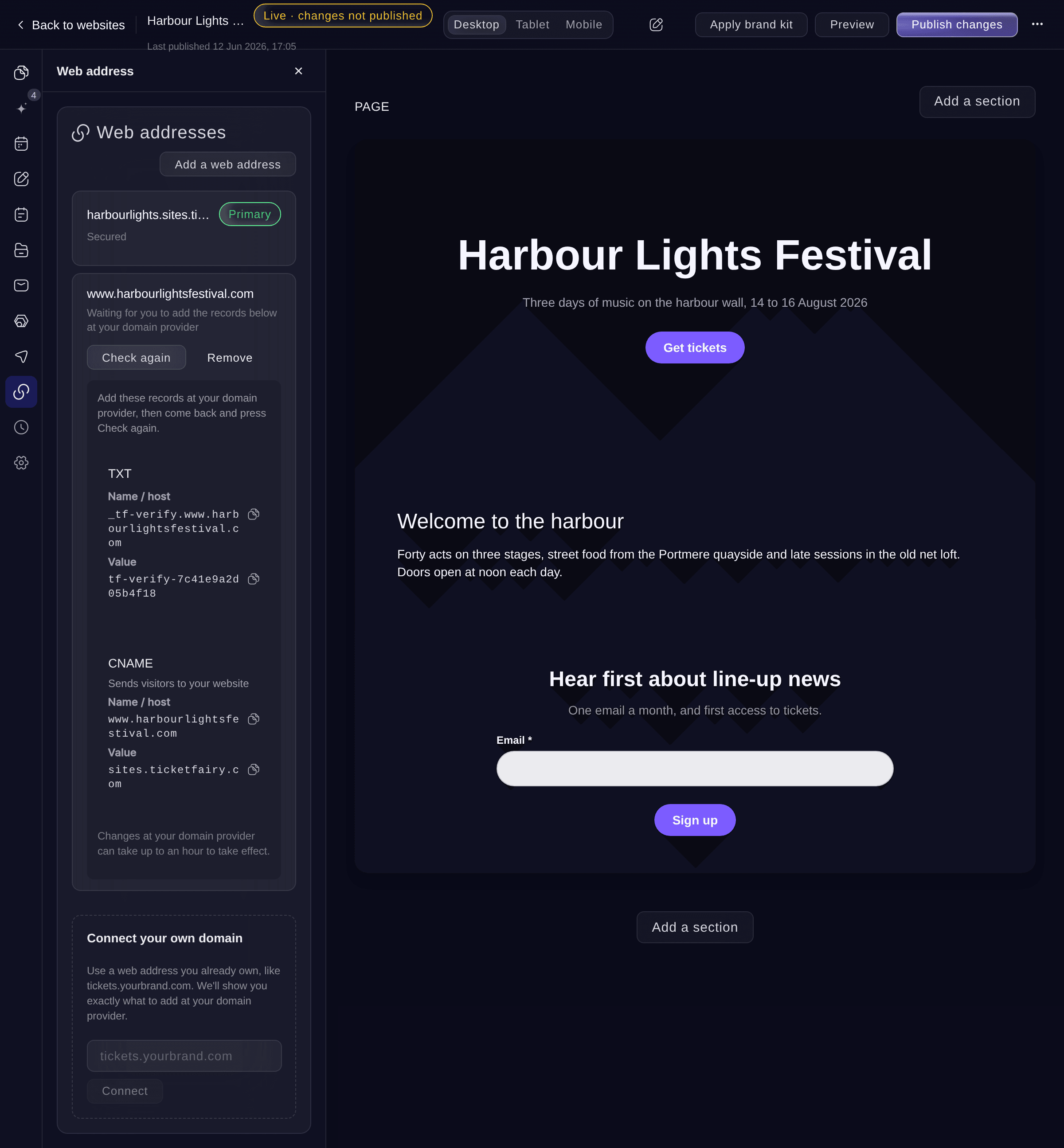 Ticket Fairy Web address section with www.harbourlightsfestival.com waiting for a TXT record and a CNAME record