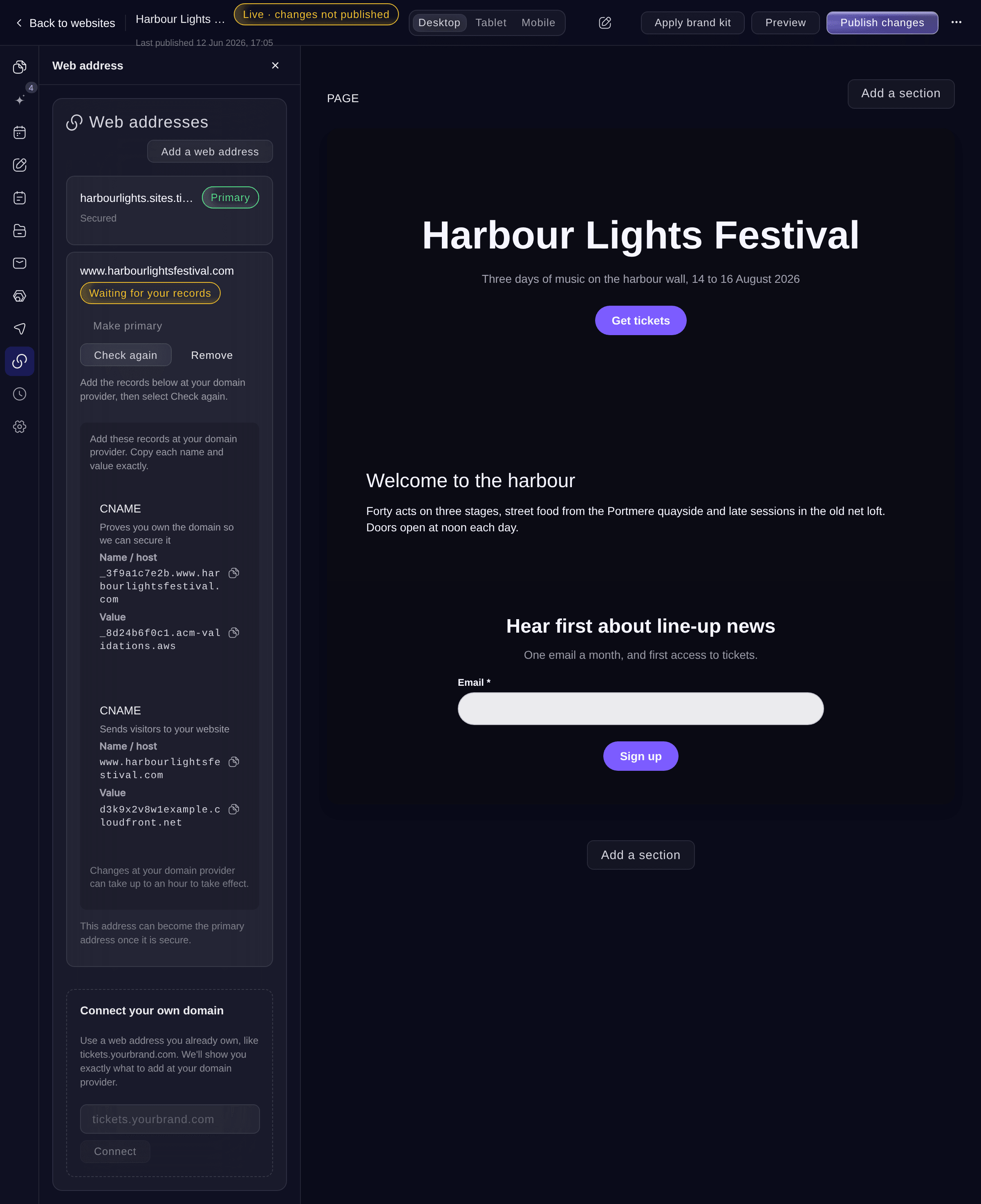 Ticket Fairy Web address section with www.harbourlightsfestival.com at Waiting for your records, with a certificate record and a routing record to add