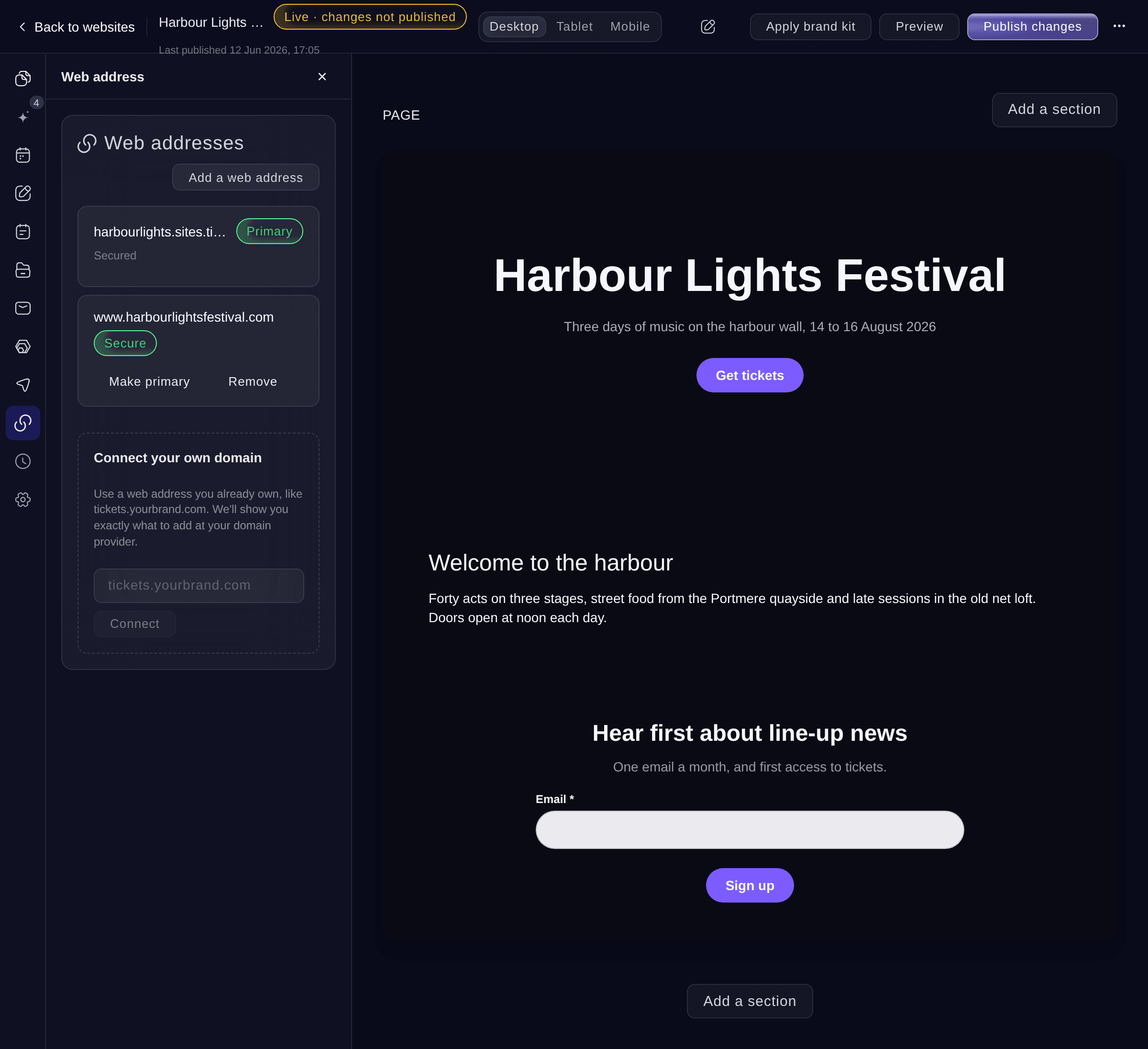 Ticket Fairy Web address section with www.harbourlightsfestival.com marked Secure and its Make primary button