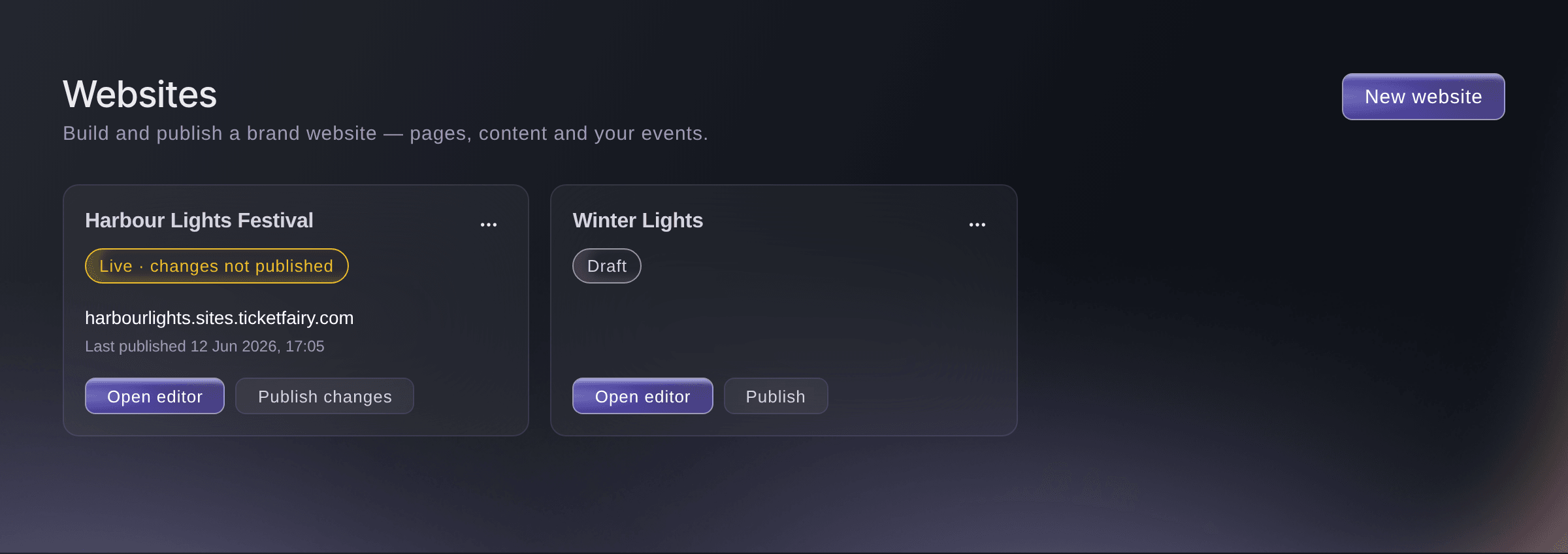 Ticket Fairy Websites page with a live festival website, a draft website and the New website button