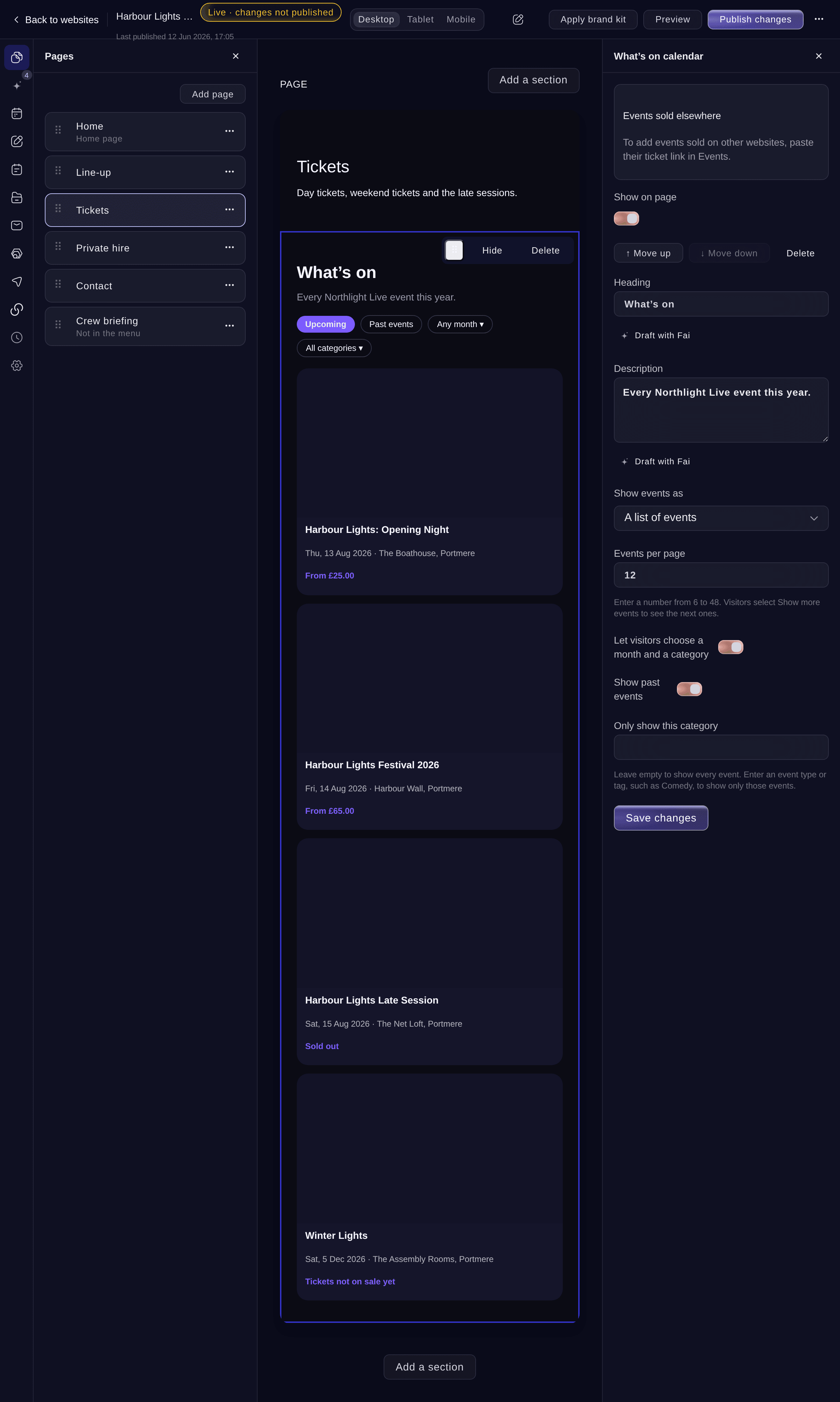 Ticket Fairy What's on calendar section on a Tickets page, with its settings: list or month, events per page, filters, past events and category