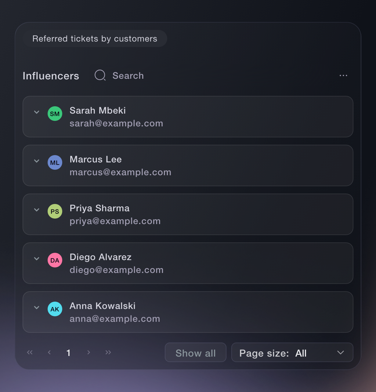 Plus, a live Top Influencers leaderboard on each event page turns referrals into a competition.
