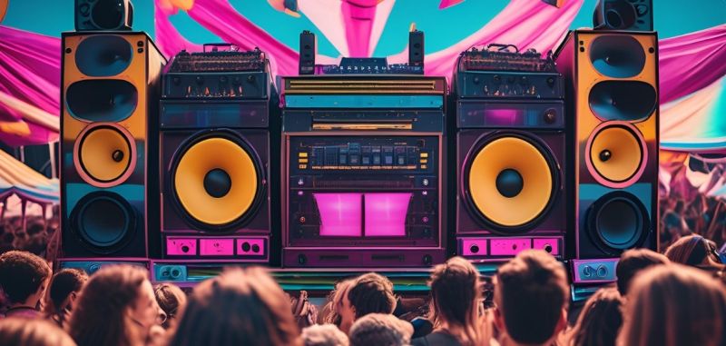 Luftfoto af en bæredygtig musikfestival med genbrugsstationer og solpaneler